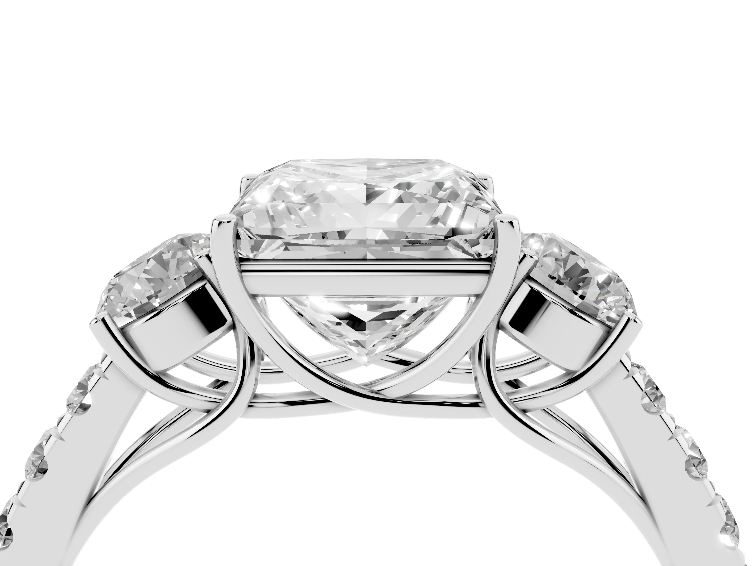 Princess Cut Diamond Three-Stone Ring Set in Platinum with Round Side Stones and Delicate Pavé Band