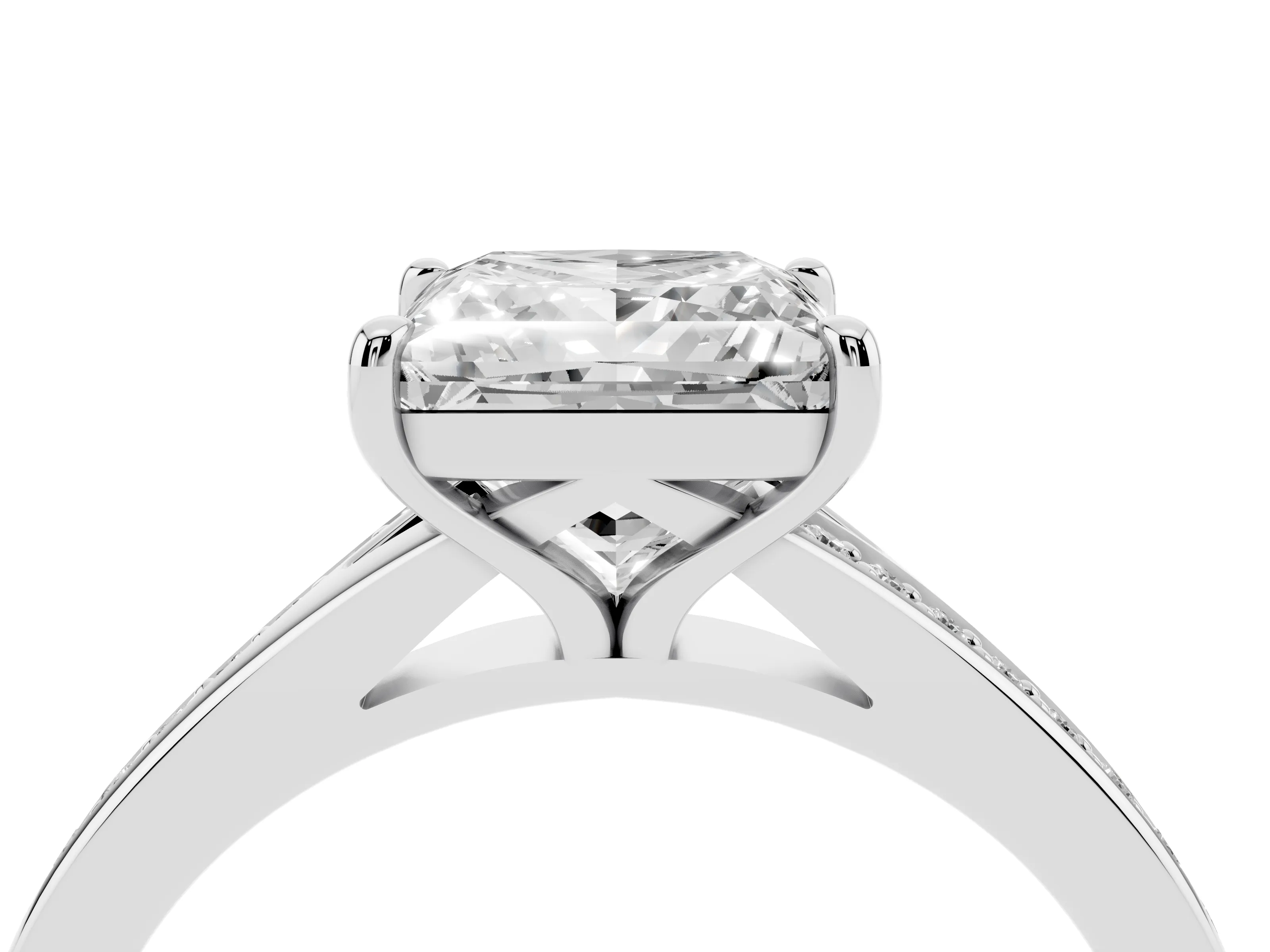 Princess Cut Diamond Solitaire Ring Set in Silver with Pavé Accent Band and Classic Prong Setting