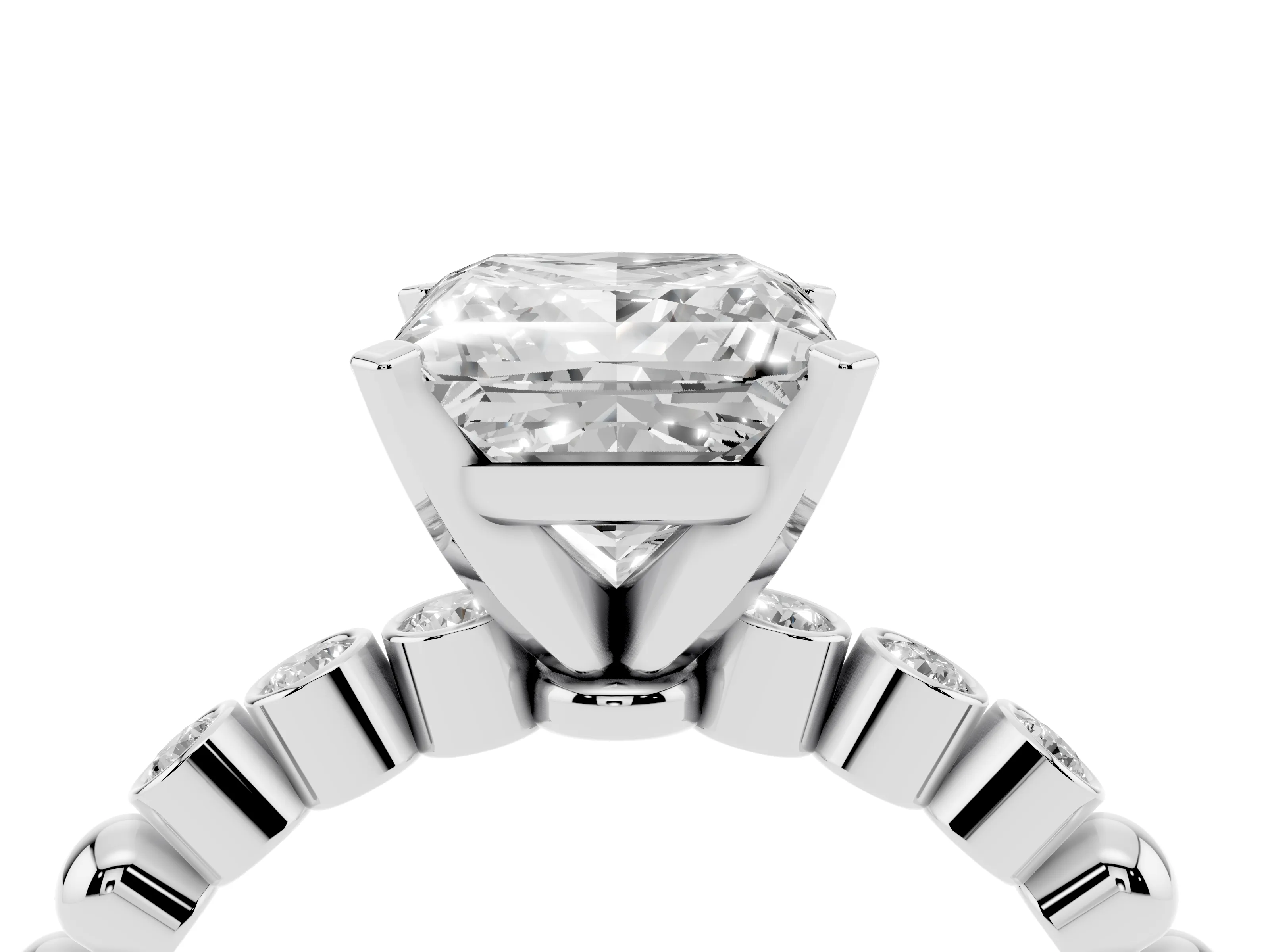 Princess Cut Diamond Solitaire Engagement Ring Set in Platinum with Bezel Accents on Beaded Band