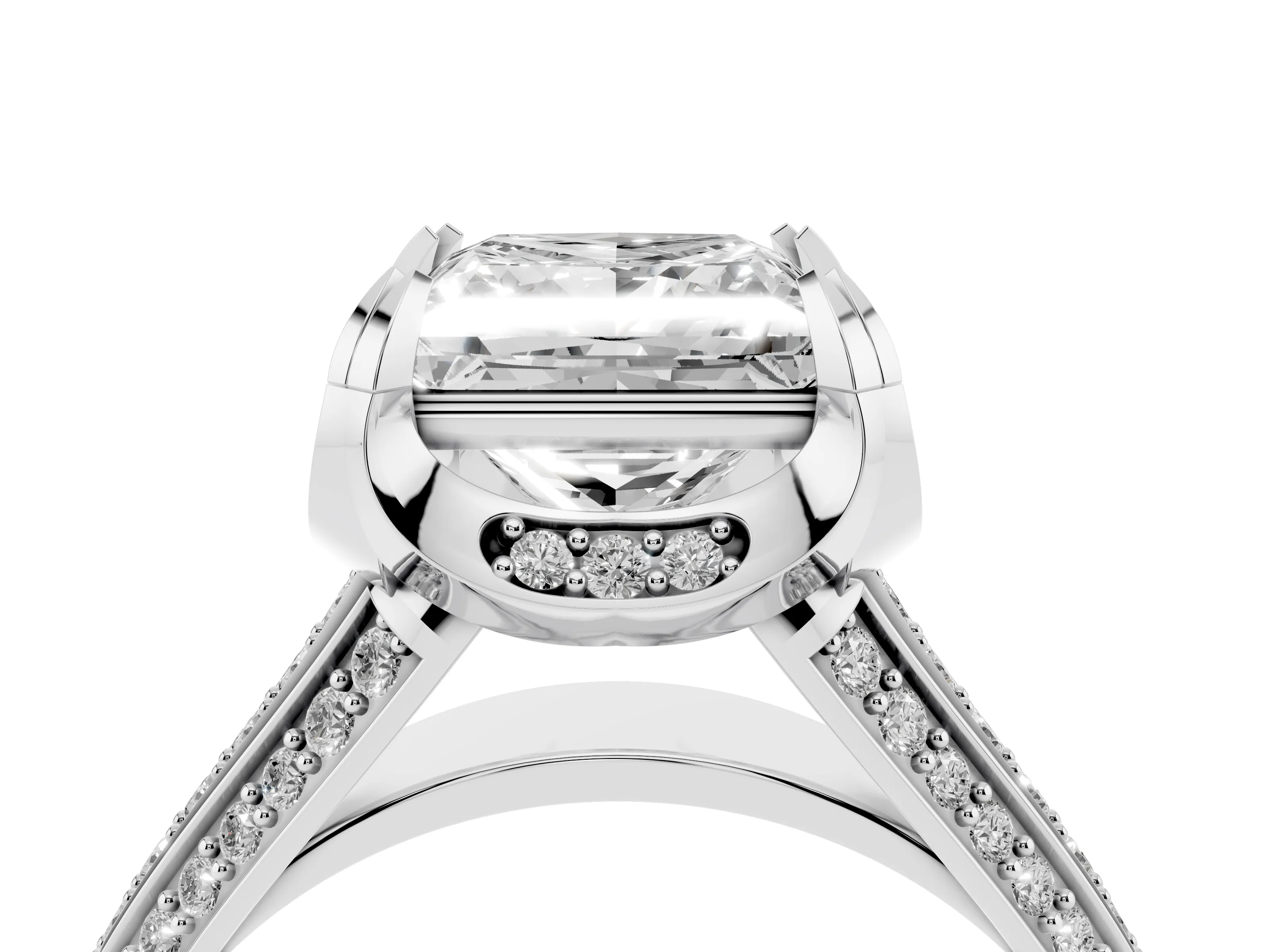 Princess Cut Diamond Pavé Split Shank Solitaire Ring Set in Platinum with Prong Setting