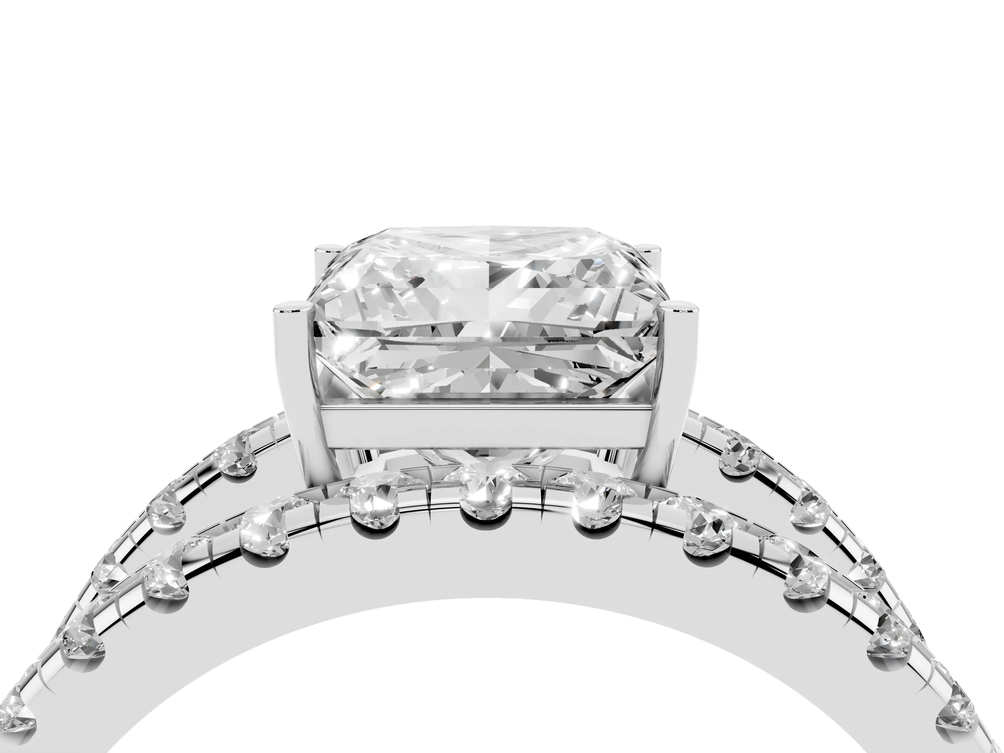Princess Cut Diamond Split Shank Pavé Solitaire Ring Set in White gold with Open Shank Design