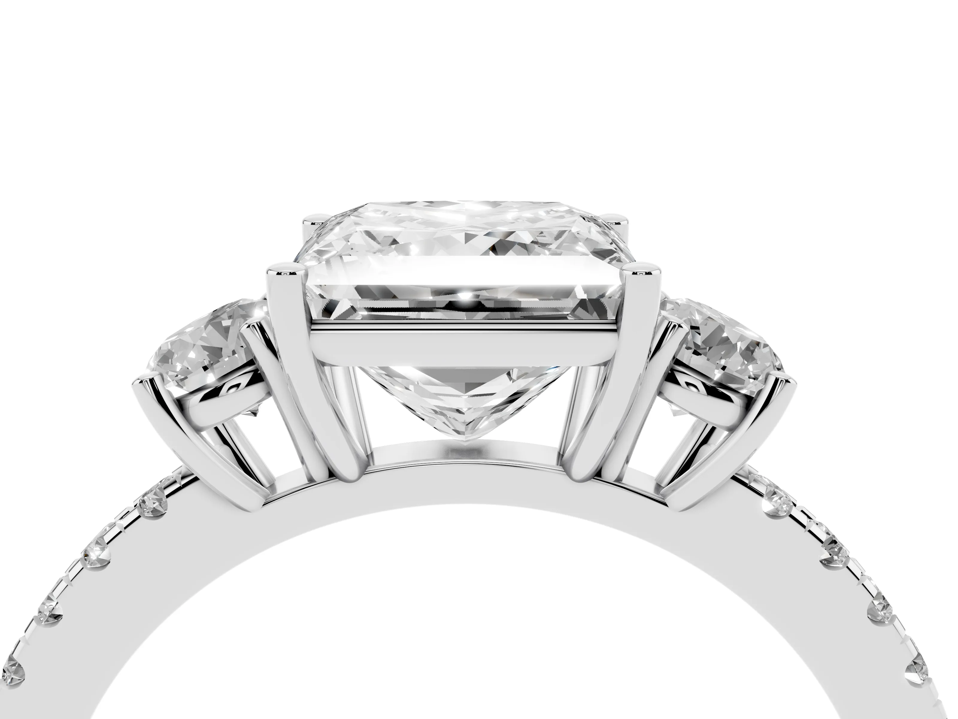 Princess Cut Diamond Three-Stone Ring Set in Silver with Pavé Band and Graduated Sides