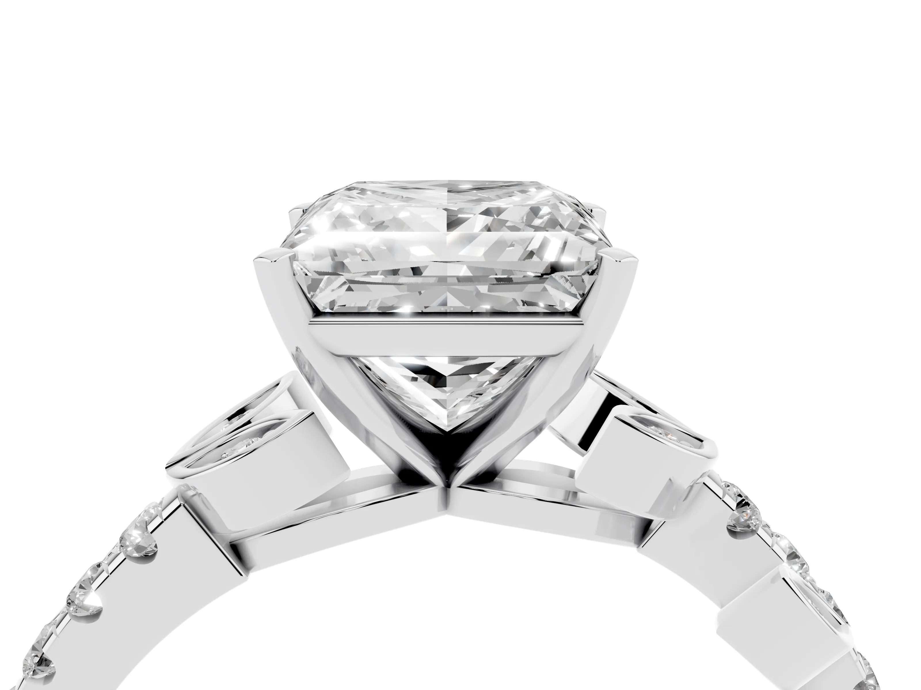 Princess Cut Diamond Solitaire Leaf-Inspired Ring Set in Platinum with Pavé Band and Prong Setting
