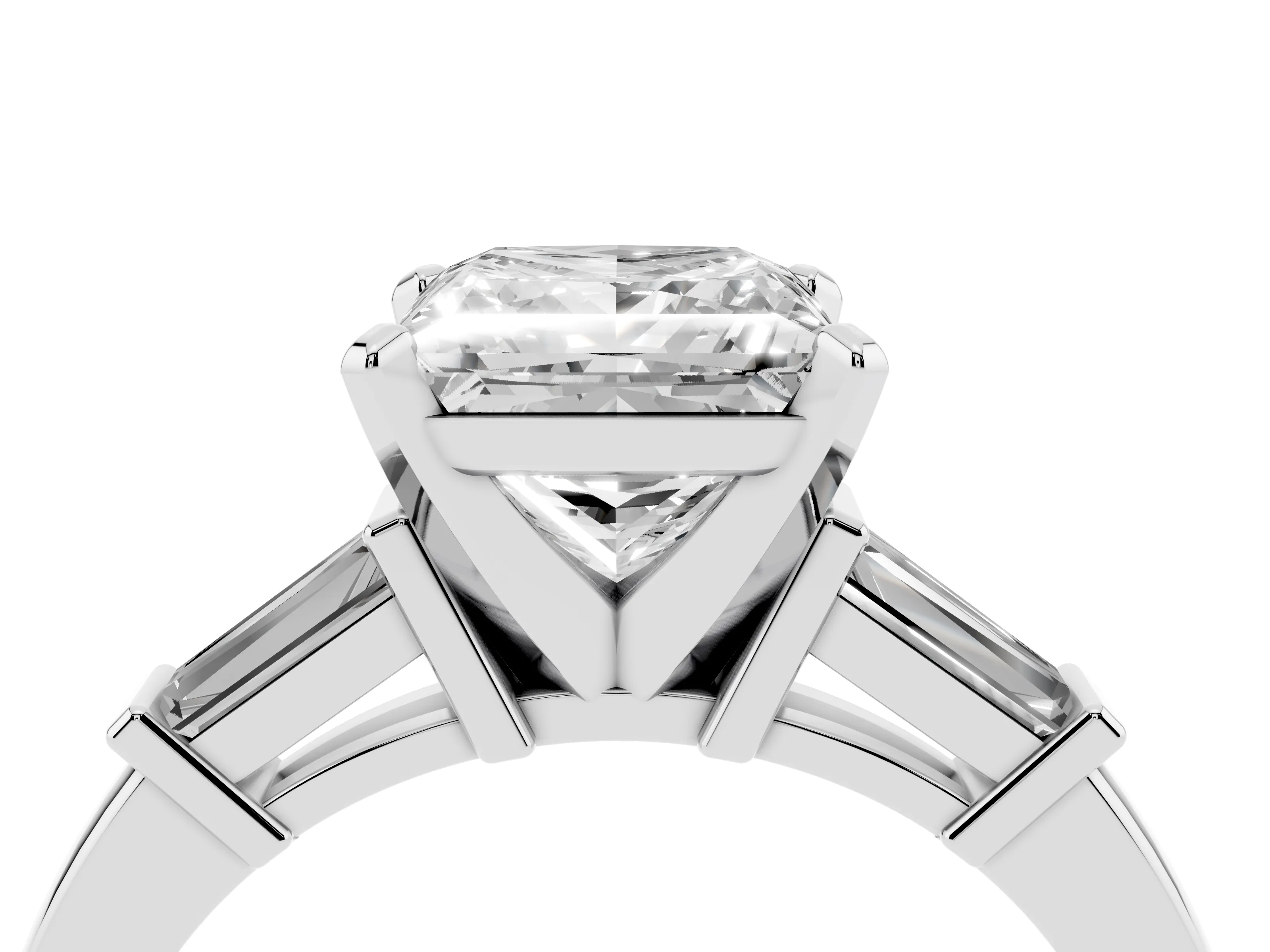 Princess Cut Diamond Solitaire Ring Set in Silver with Tapered Baguette Accents and Prong Setting
