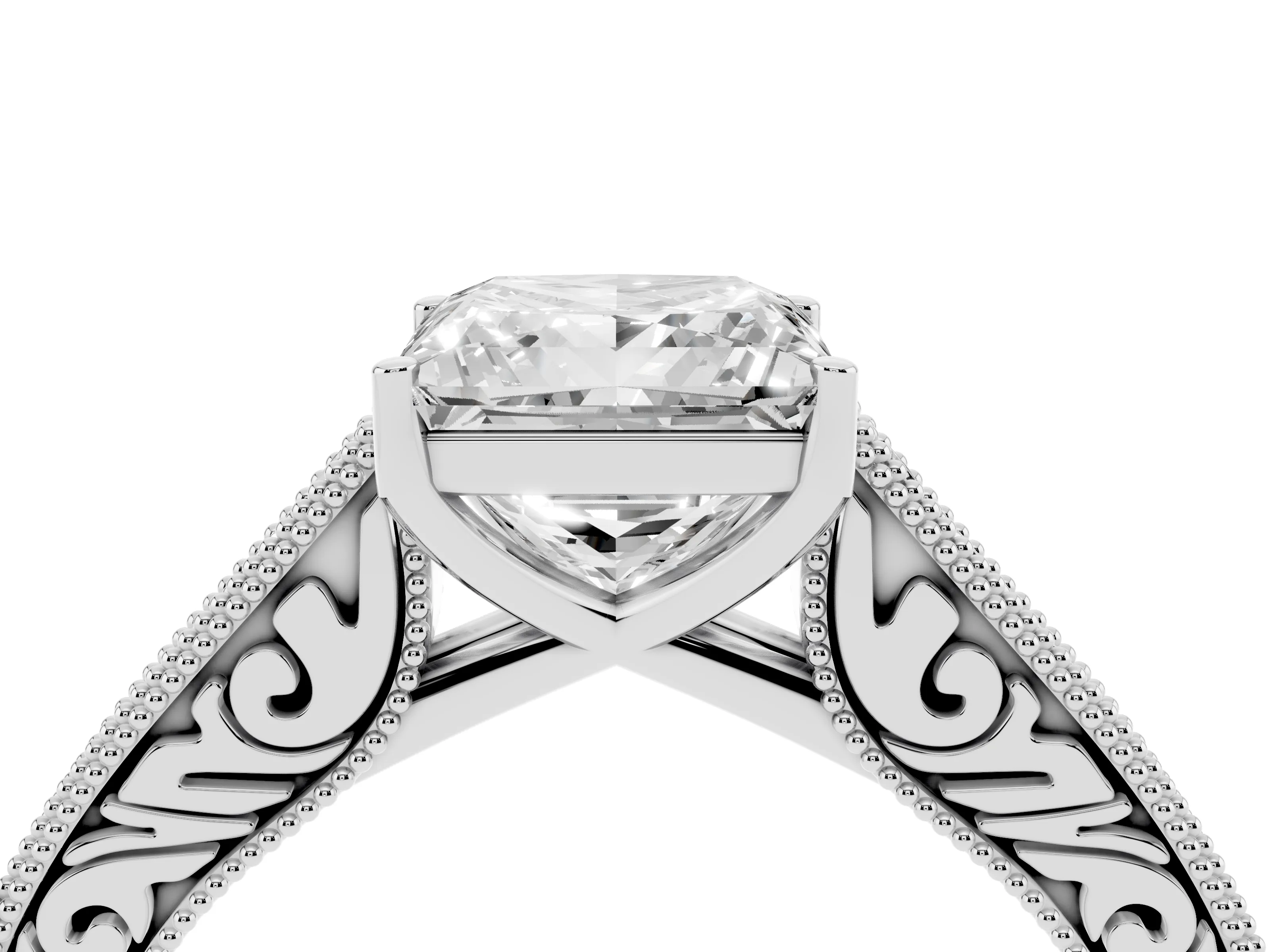 Princess Cut Diamond Milgrain Pavé Band Solitaire Ring Set in White gold with Prong Setting