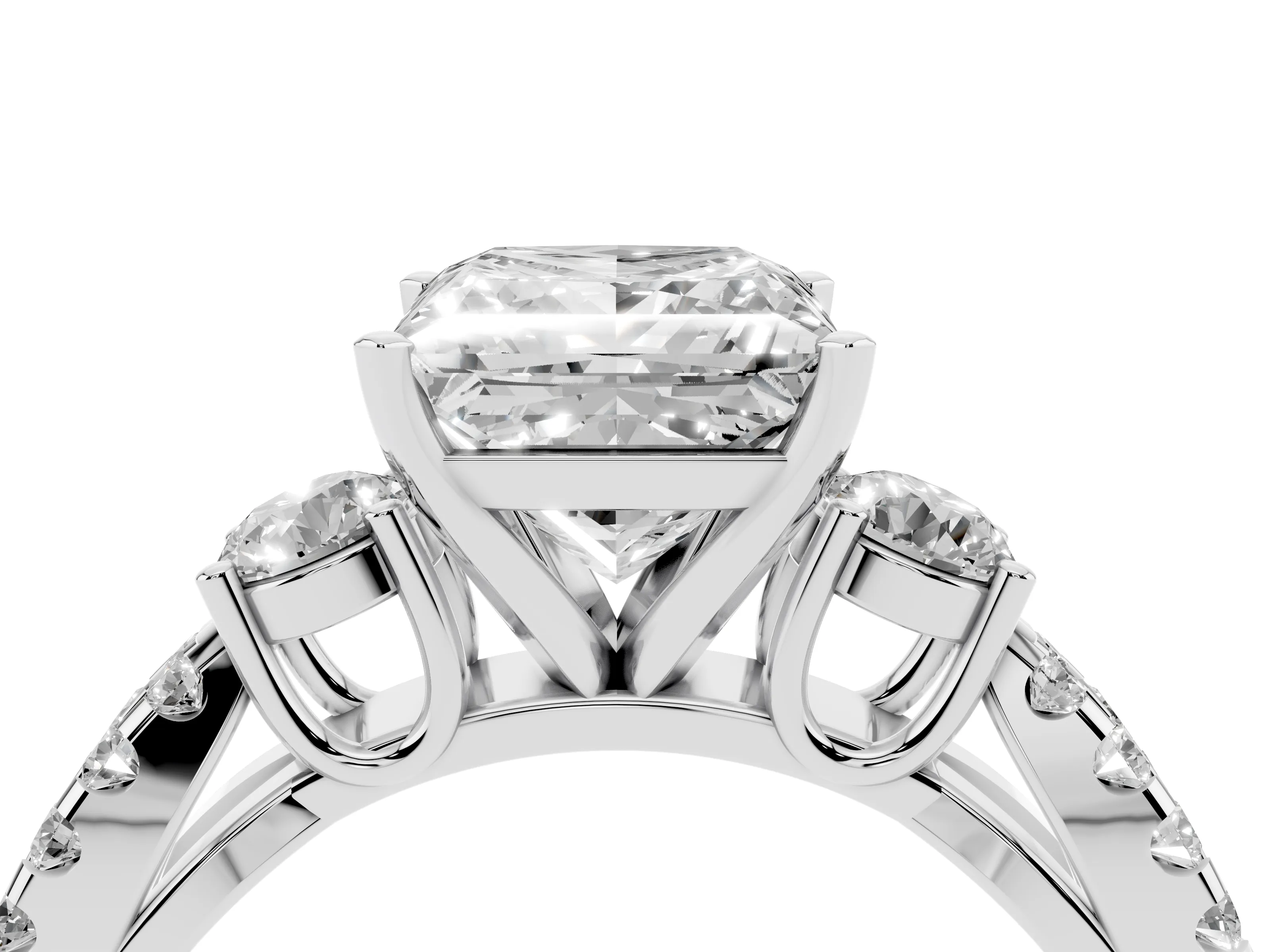 Princess Cut Diamond Three-Stone Ring Set in Silver with Pavé Split Shank and Prong Setting