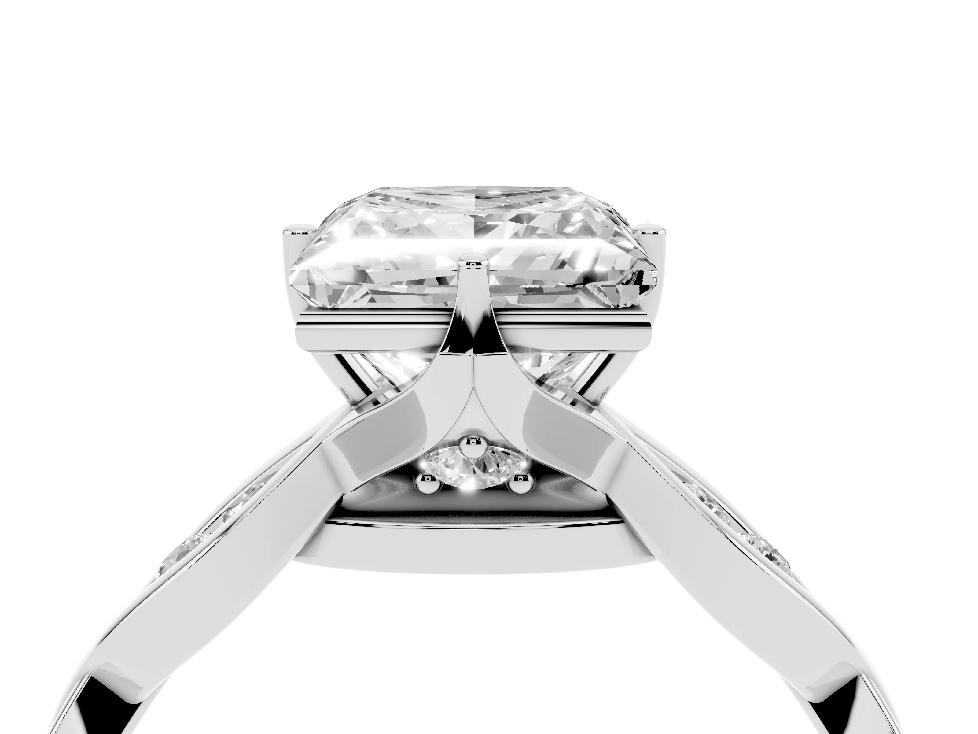 Princess Cut Diamond Twist Band Solitaire Ring Set in Platinum with Leaf Prong Setting and Accent Stones