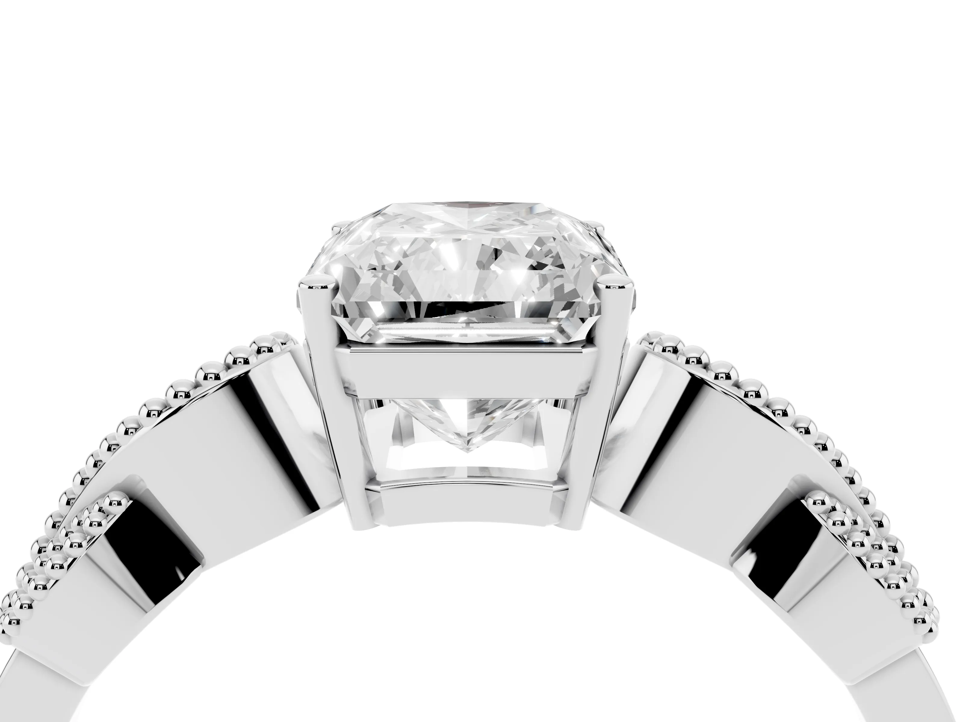 Princess Cut Diamond Milgrain Leaf Band Solitaire Ring Set in White gold with Accent Stones and Prong Setting
