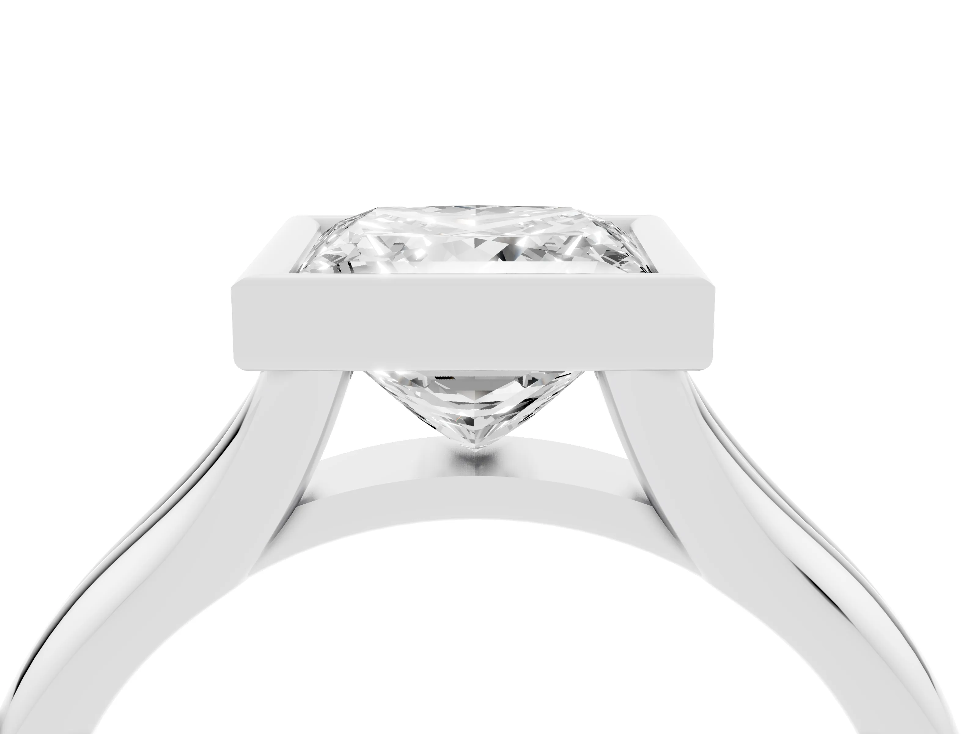 Bezel Set Princess Cut Diamond Solitaire Ring Set in Platinum with Smooth Band