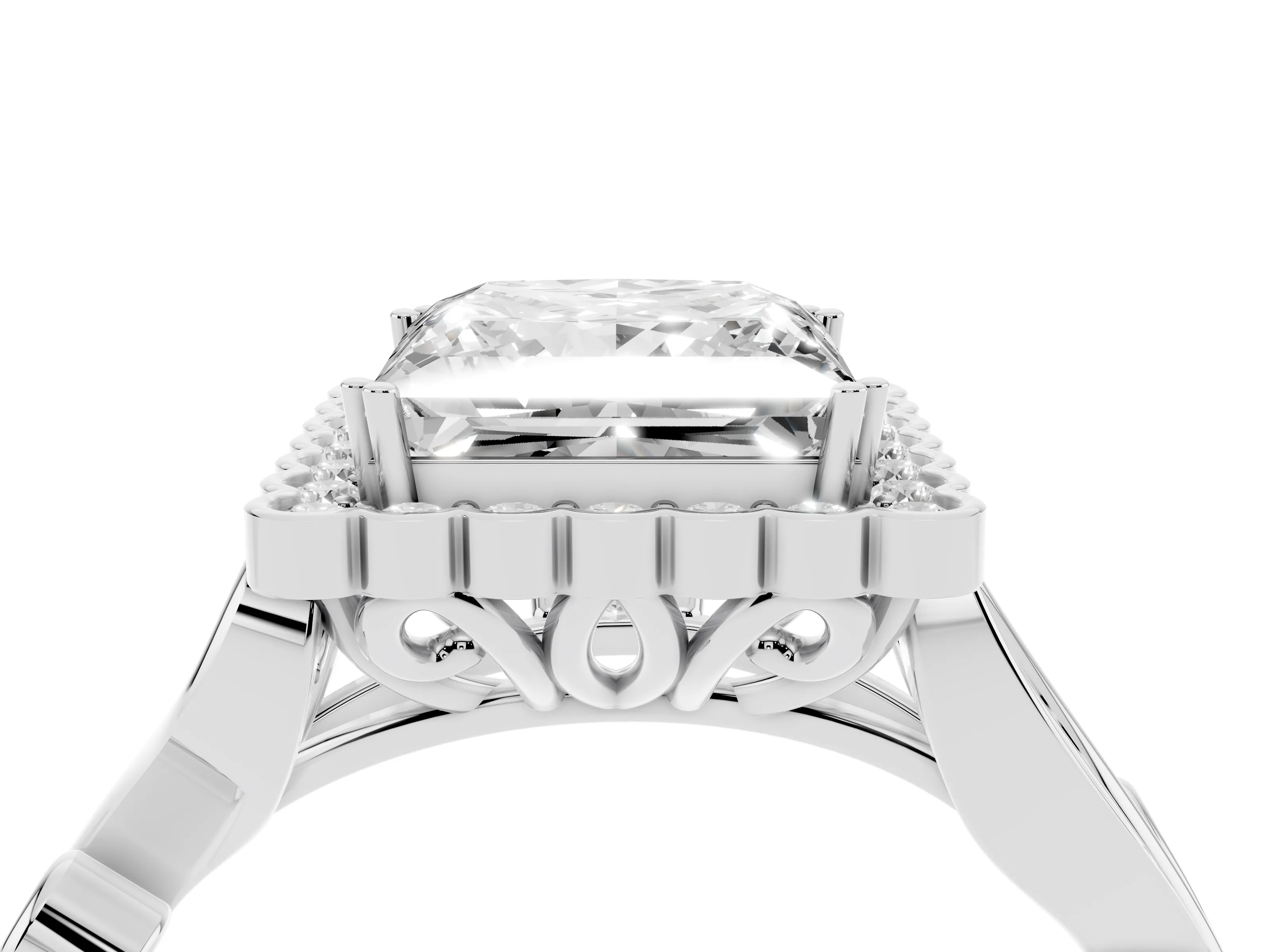 Princess Cut Diamond Halo Ring Set in White gold with Leaf Motif Split Shank and Prong Setting
