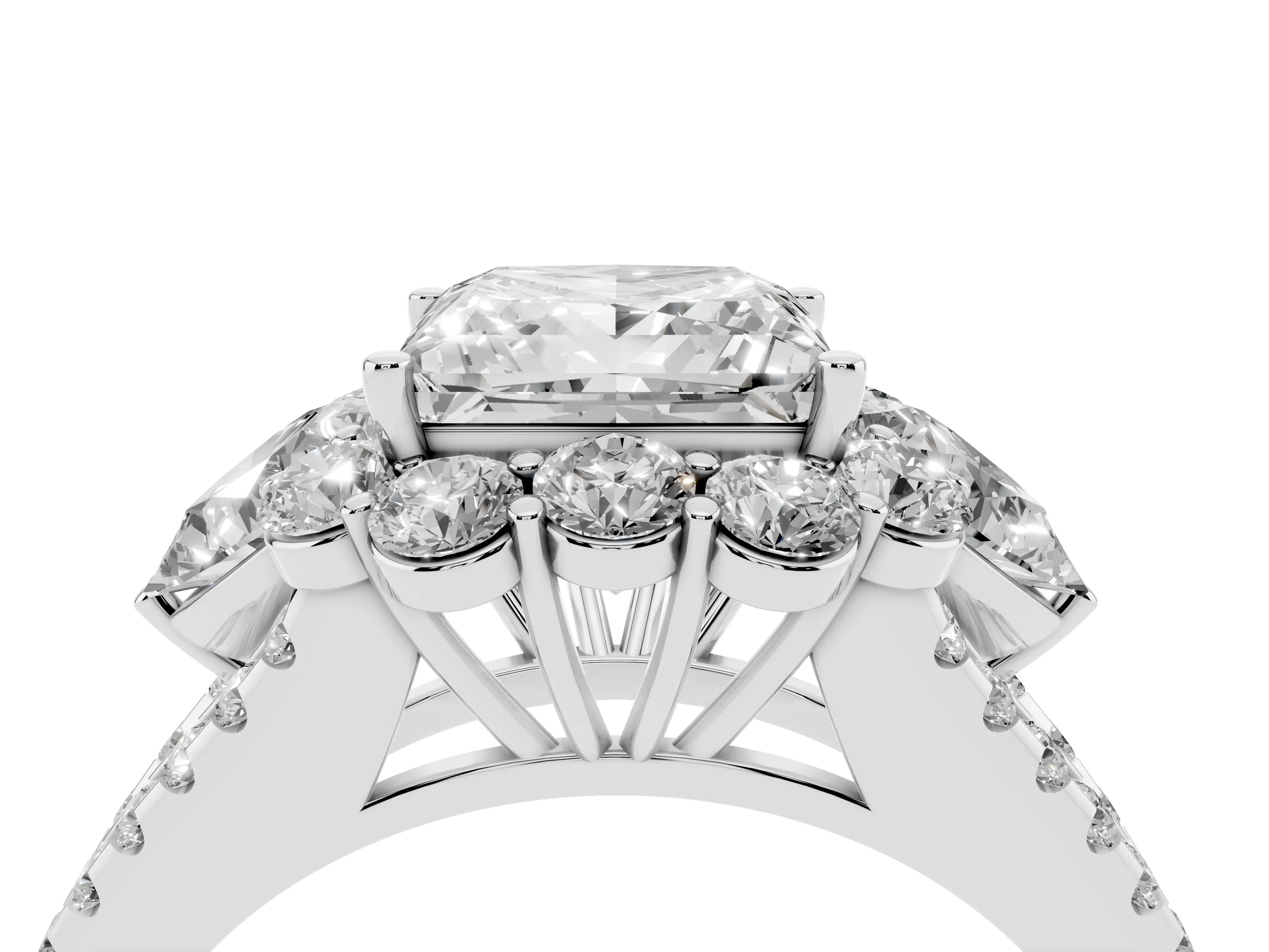 Princess Cut Diamond Halo Split Shank Engagement Ring Set in White gold with Prong-Held Center Stone