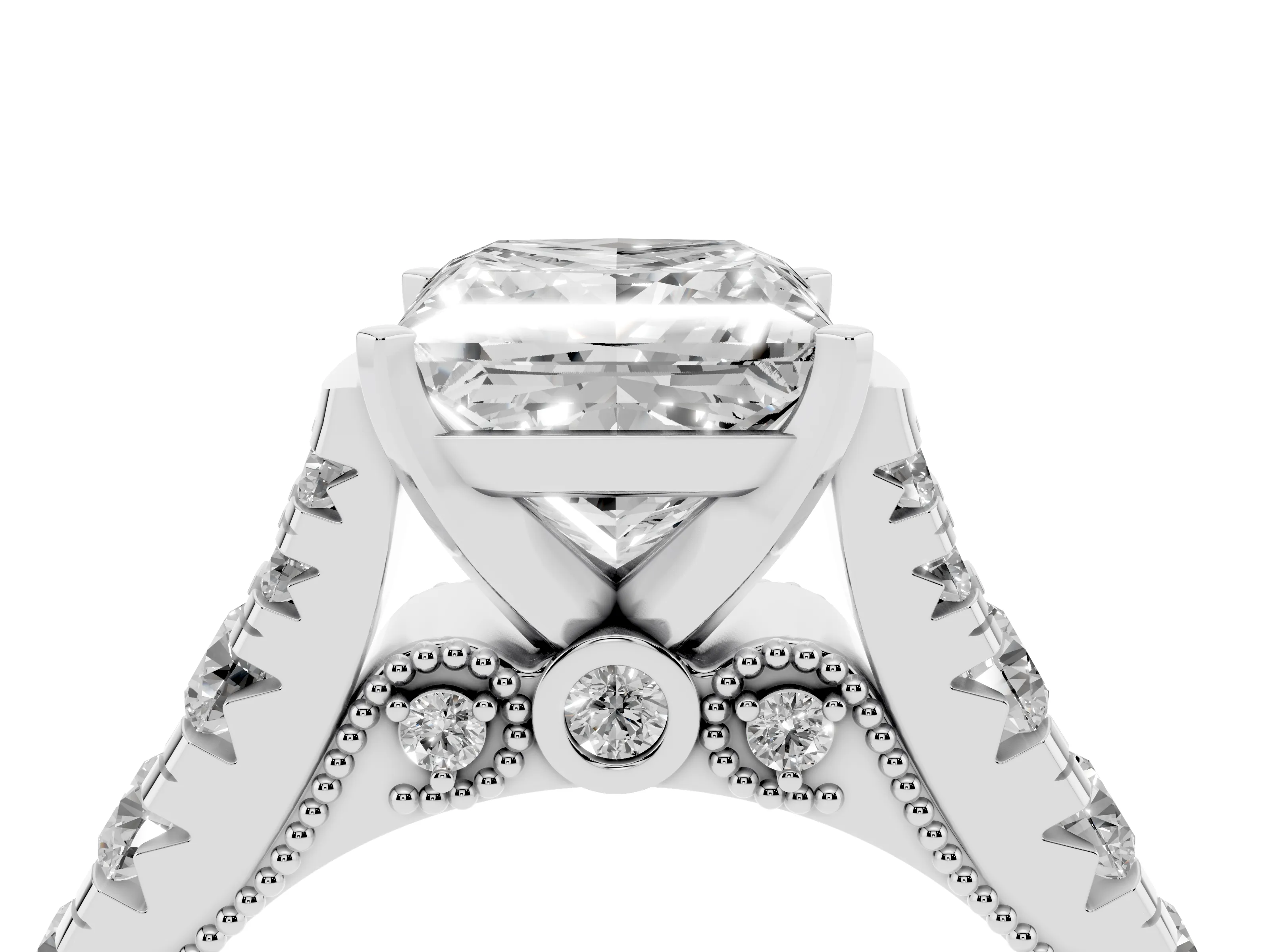 Princess Cut Diamond Classic Solitaire Ring Set in White gold with Pavé Band and Prong Setting