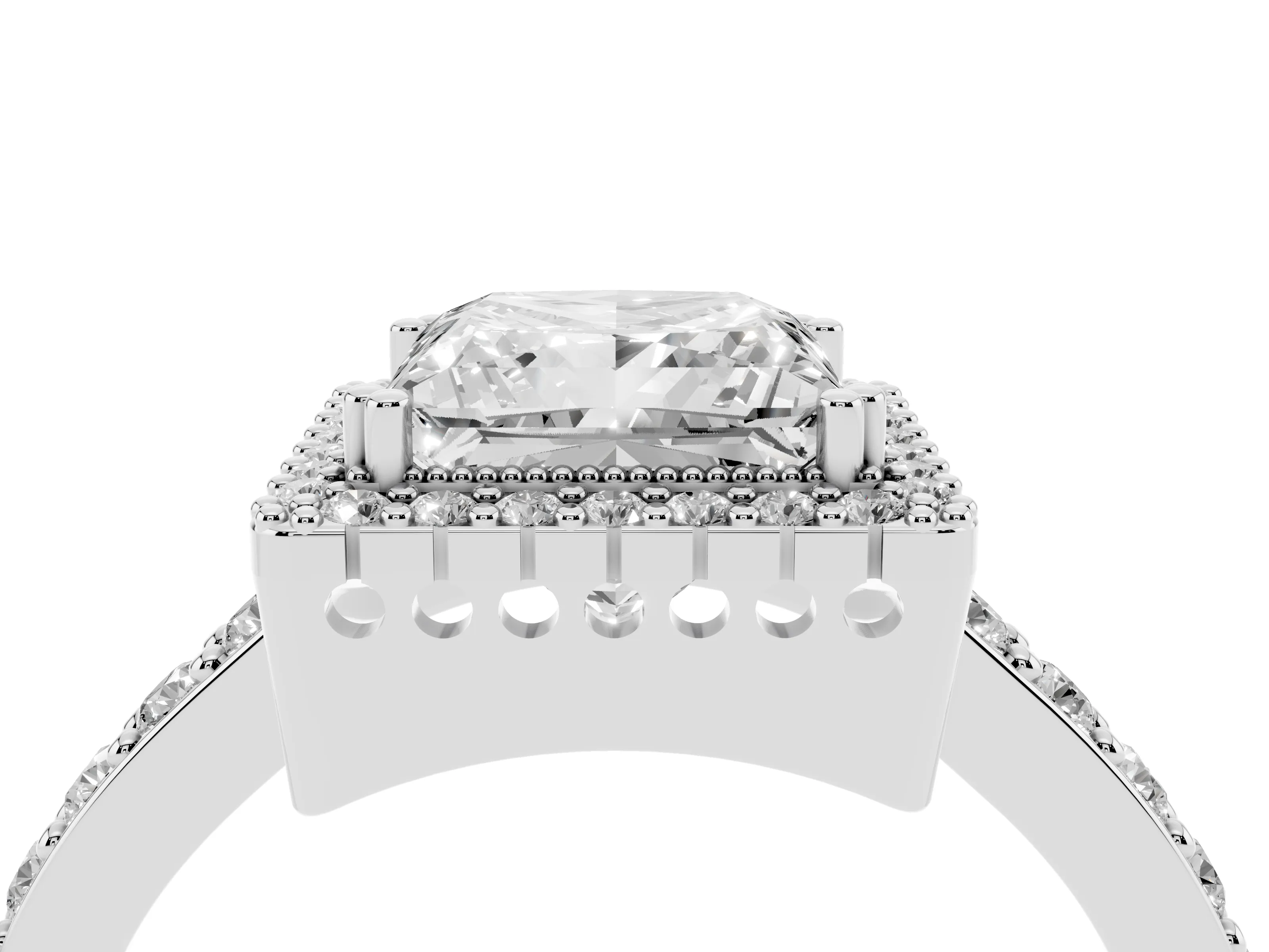 Princess Cut Diamond Halo Engagement Ring Set in White gold with Milgrain Detail and Pavé Band