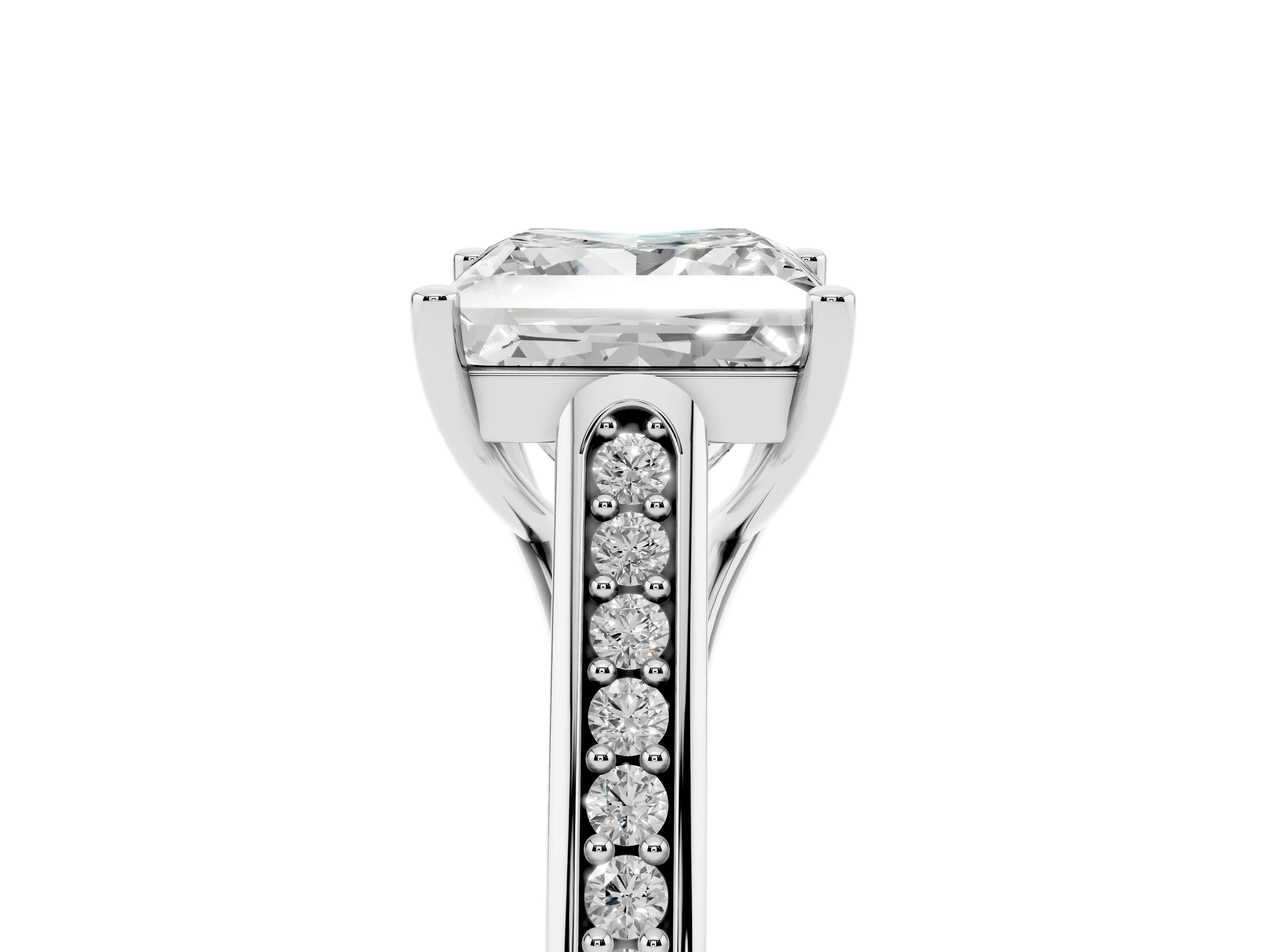 Princess Cut Diamond Solitaire Cathedral Engagement Ring Set in White gold with Channel-Set Band and Prong Setting