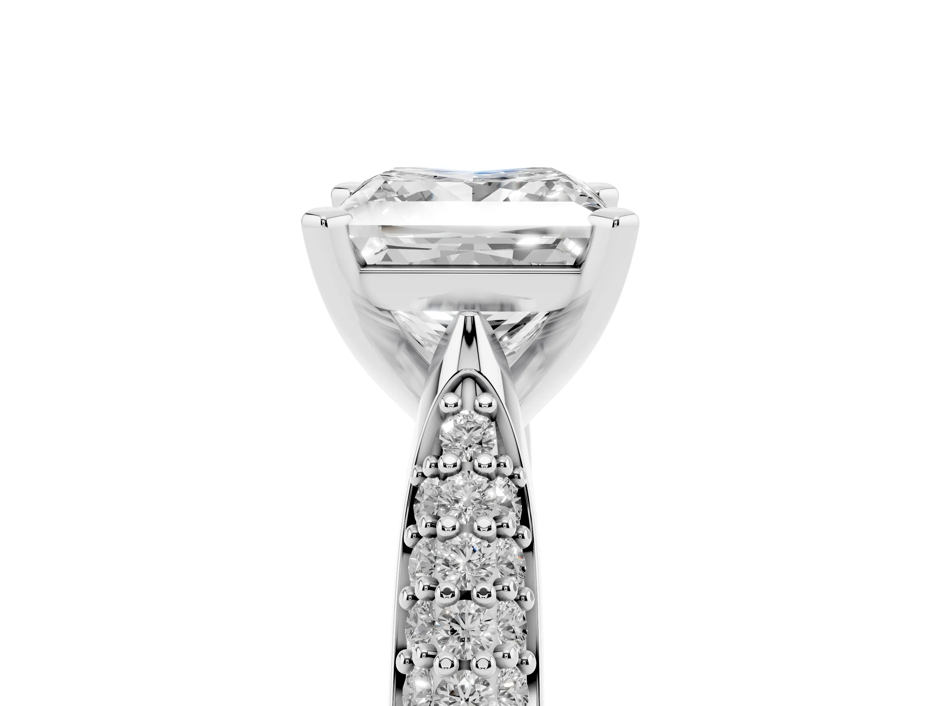 Princess Cut Diamond Solitaire Engagement Ring Set in White gold with Multi-Row Round Pavé Band and Prong Setting