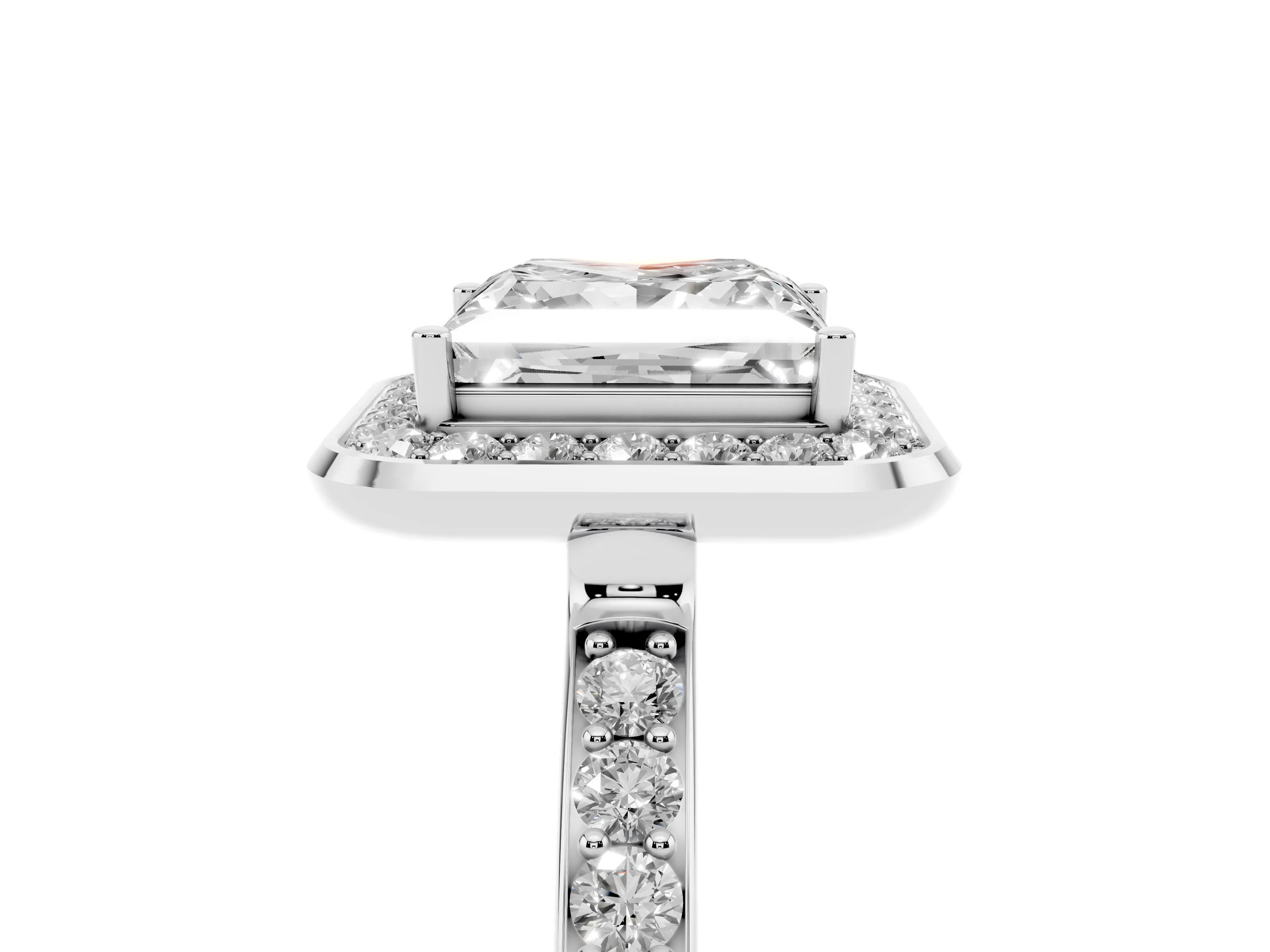 Princess Cut Diamond Halo Ring Set in Platinum with Bezel Frame and Pavé Band