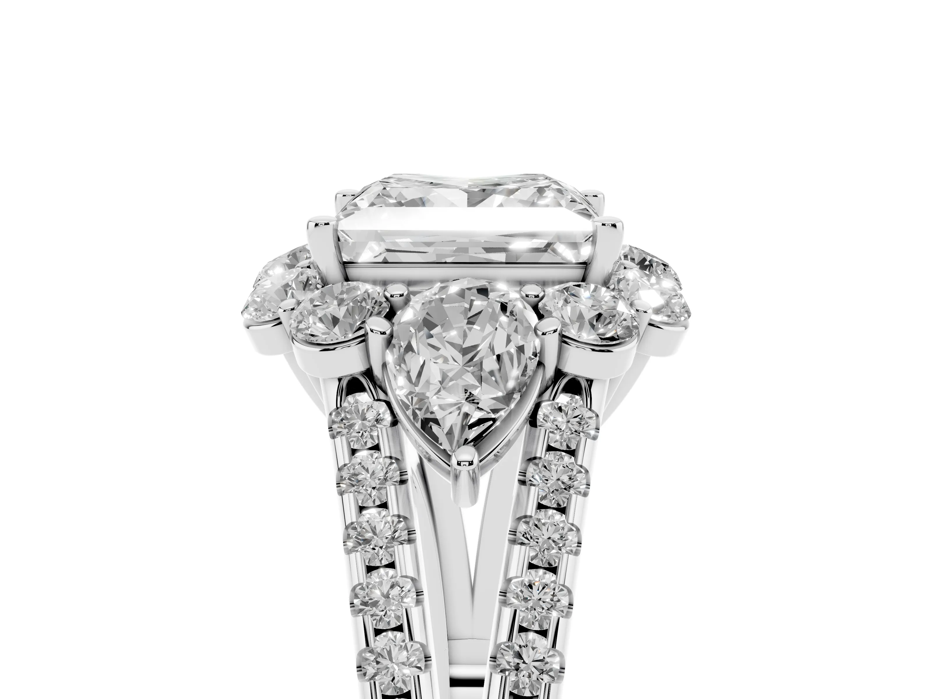 Princess Cut Diamond Halo Split Shank Engagement Ring Set in White gold with Prong-Held Center Stone