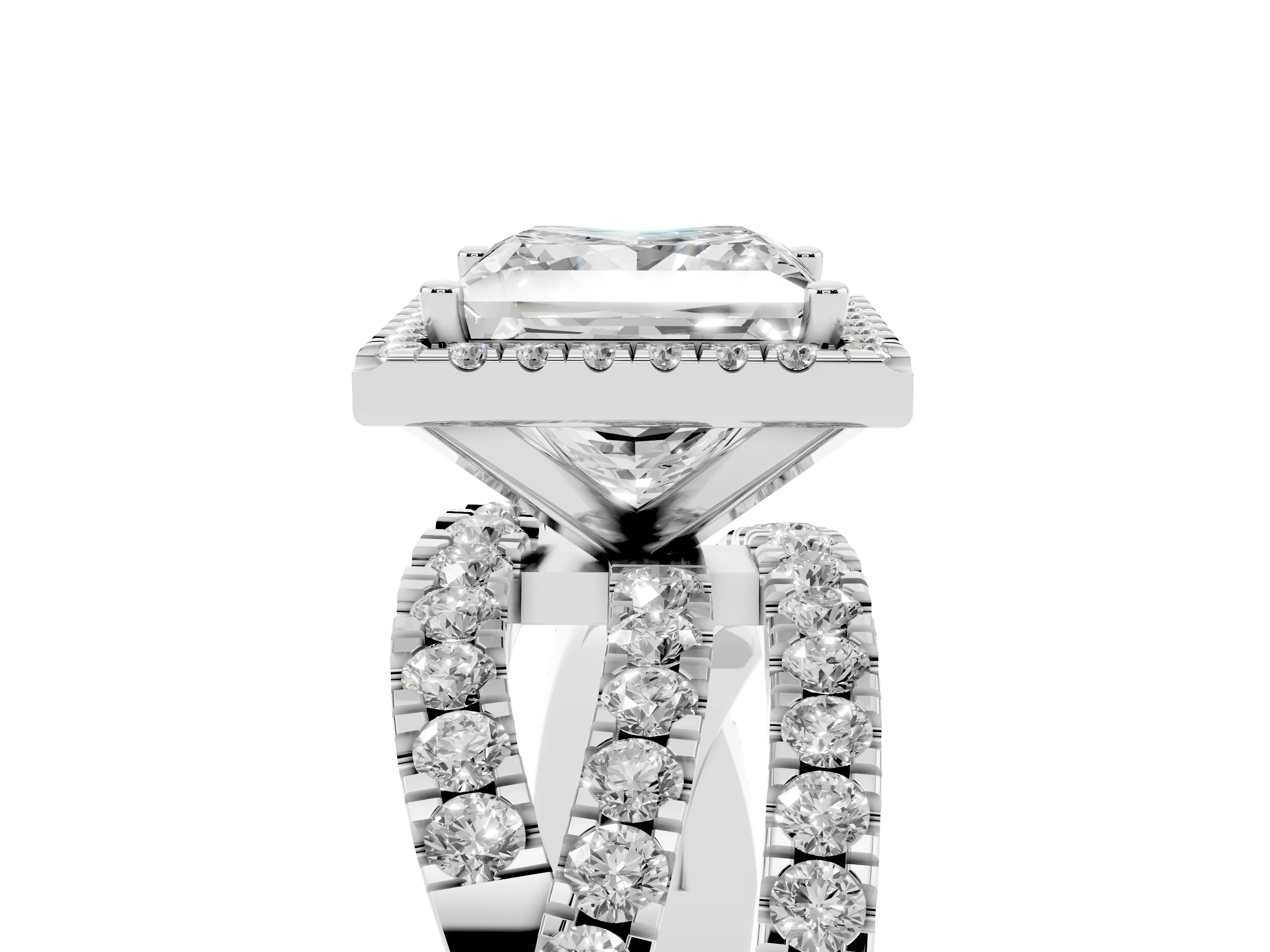 Princess Cut Diamond Halo Ring Set in Platinum with Round Crossover Split Shank and Prong Setting