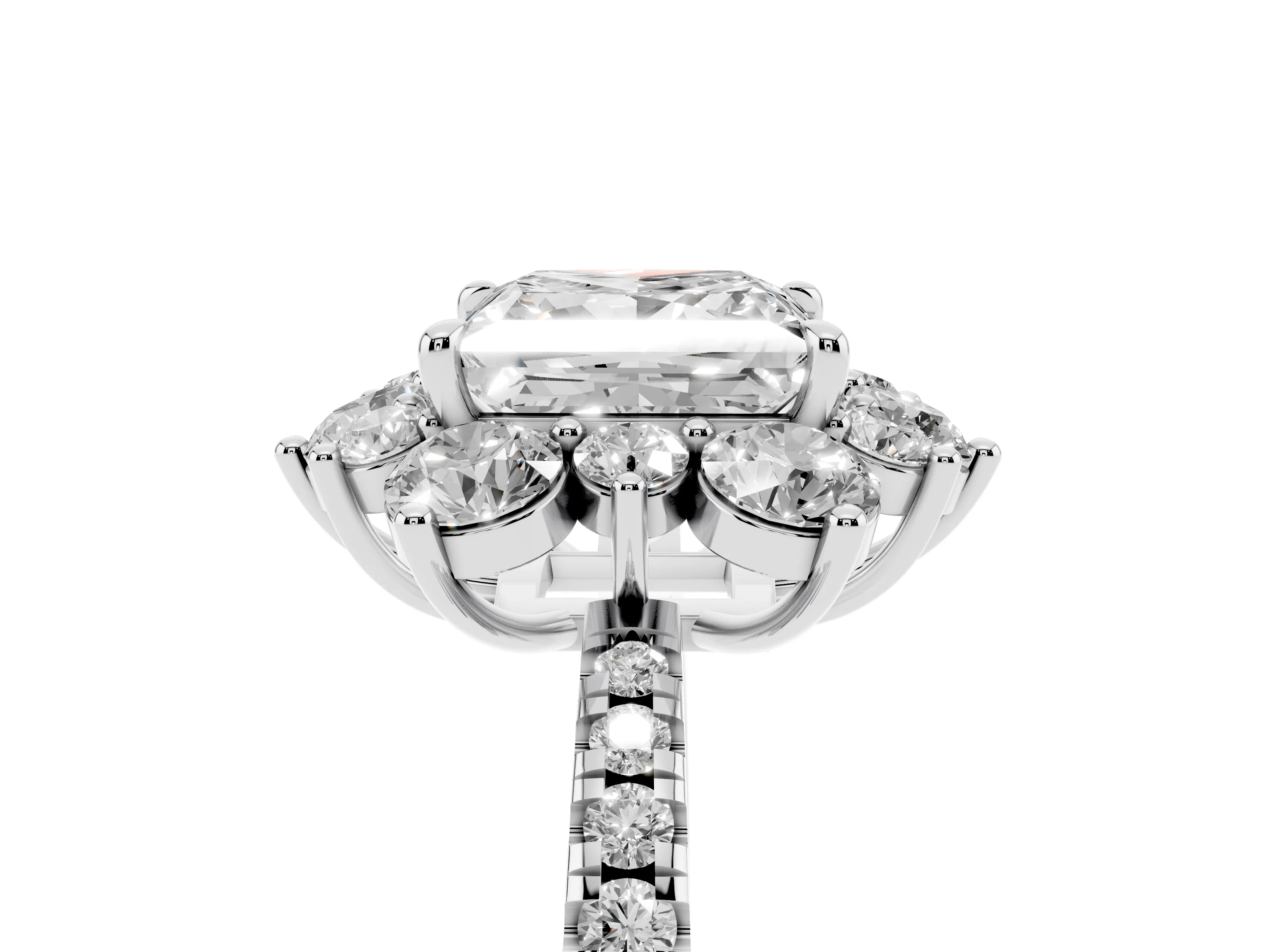 Princess Cut Diamond Floral Halo Ring Set in White gold with Round Pavé Band and Prong Setting