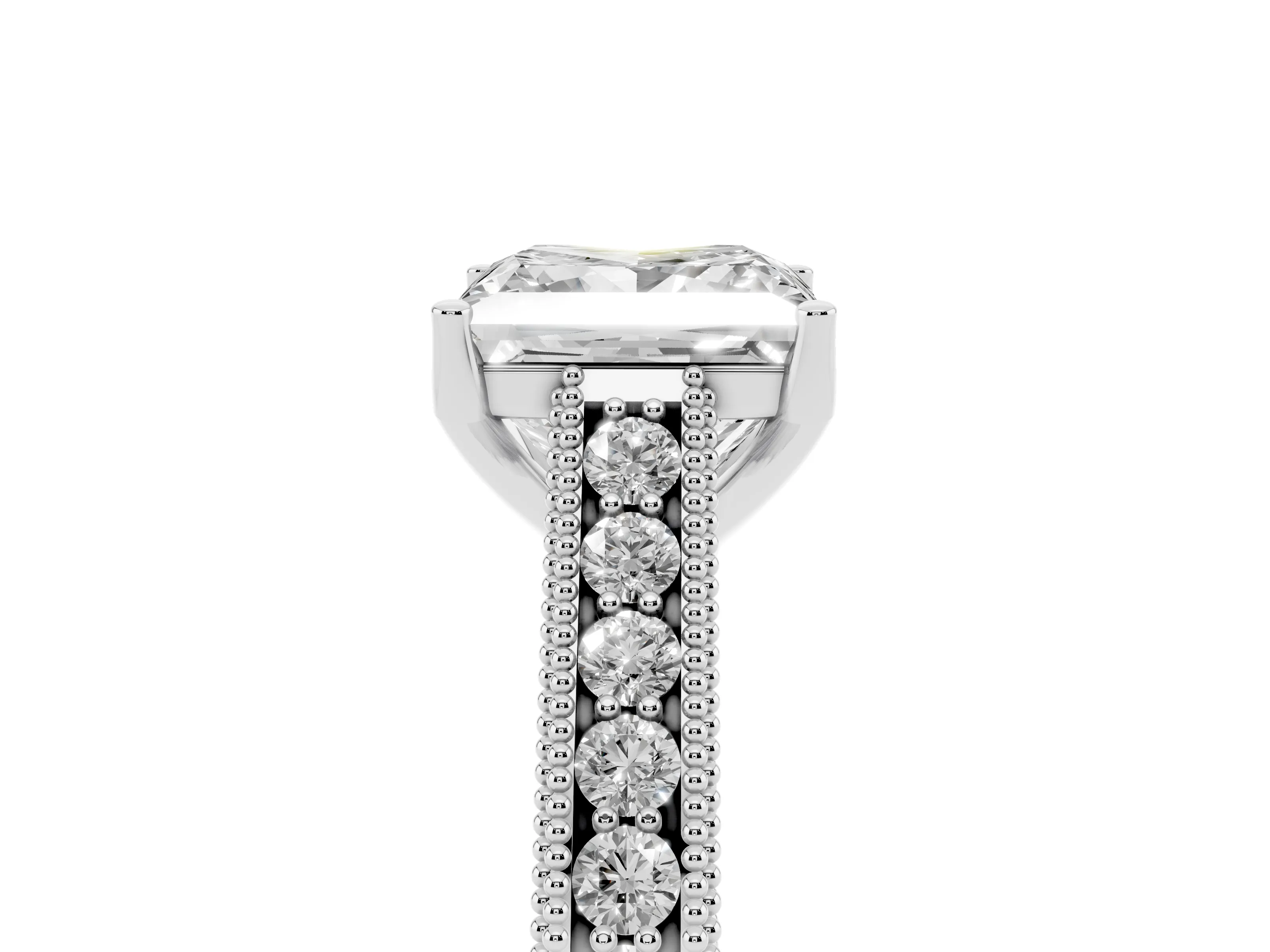 Princess Cut Diamond Milgrain Pavé Band Solitaire Ring Set in White gold with Prong Setting