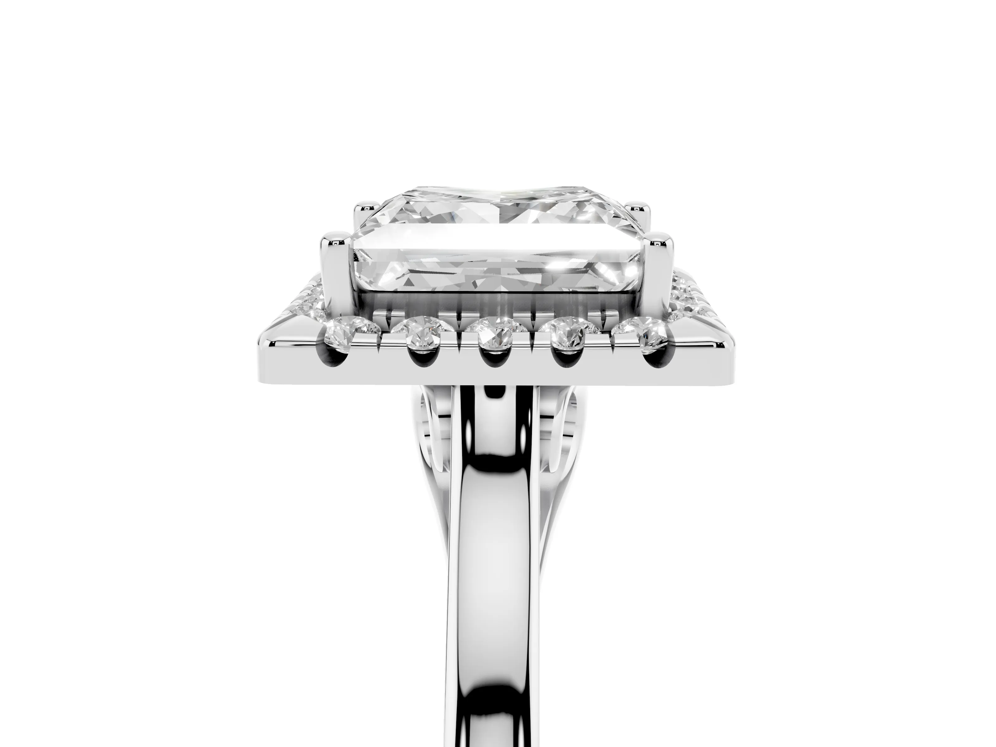 Princess Cut Halo Round Diamond Solitaire Ring Set in White gold with Pavé Band and Prong Setting