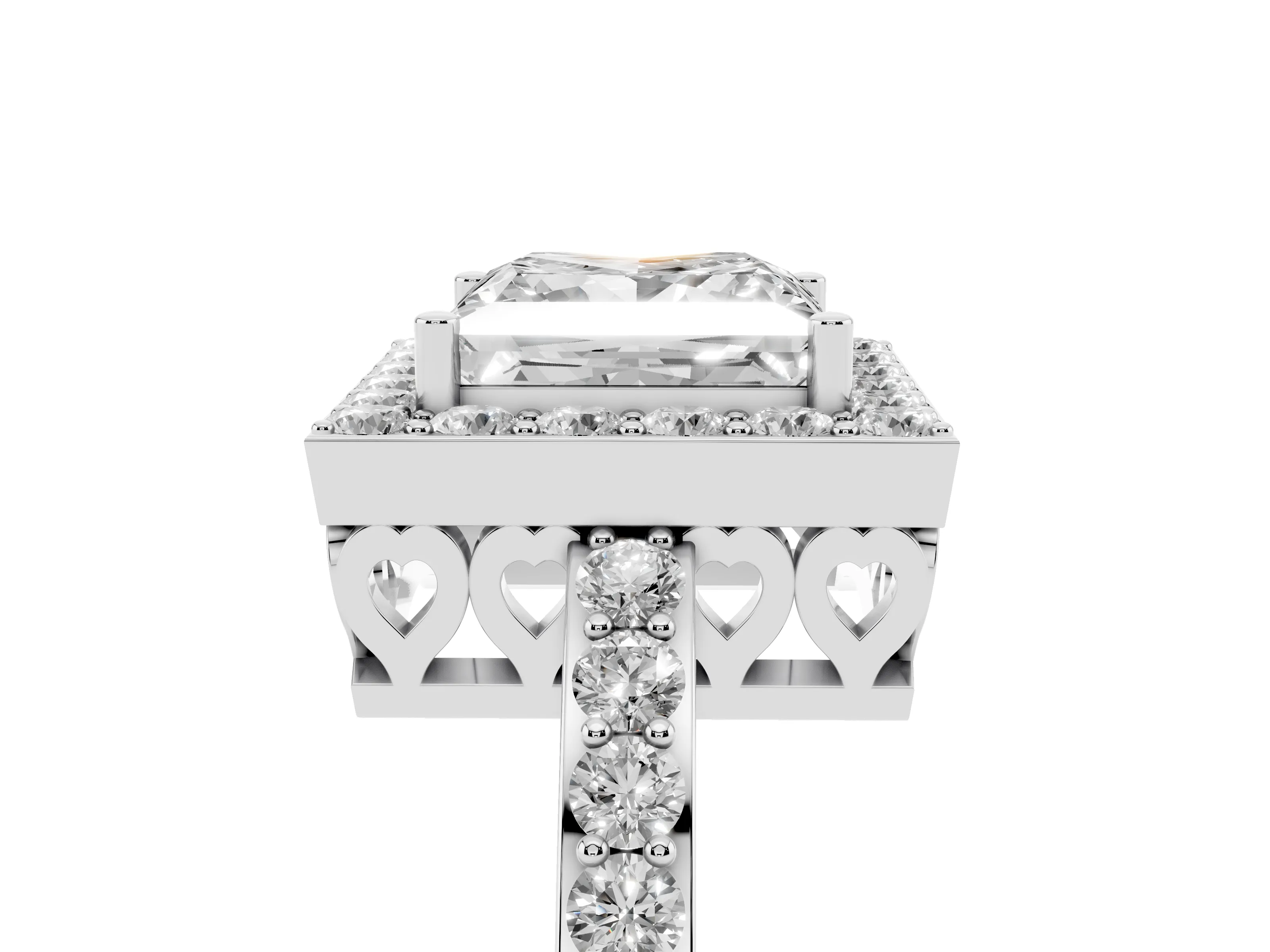 Princess Cut Diamond Halo Ring Set in White gold with Pavé-Setting Band and Open Prong Center