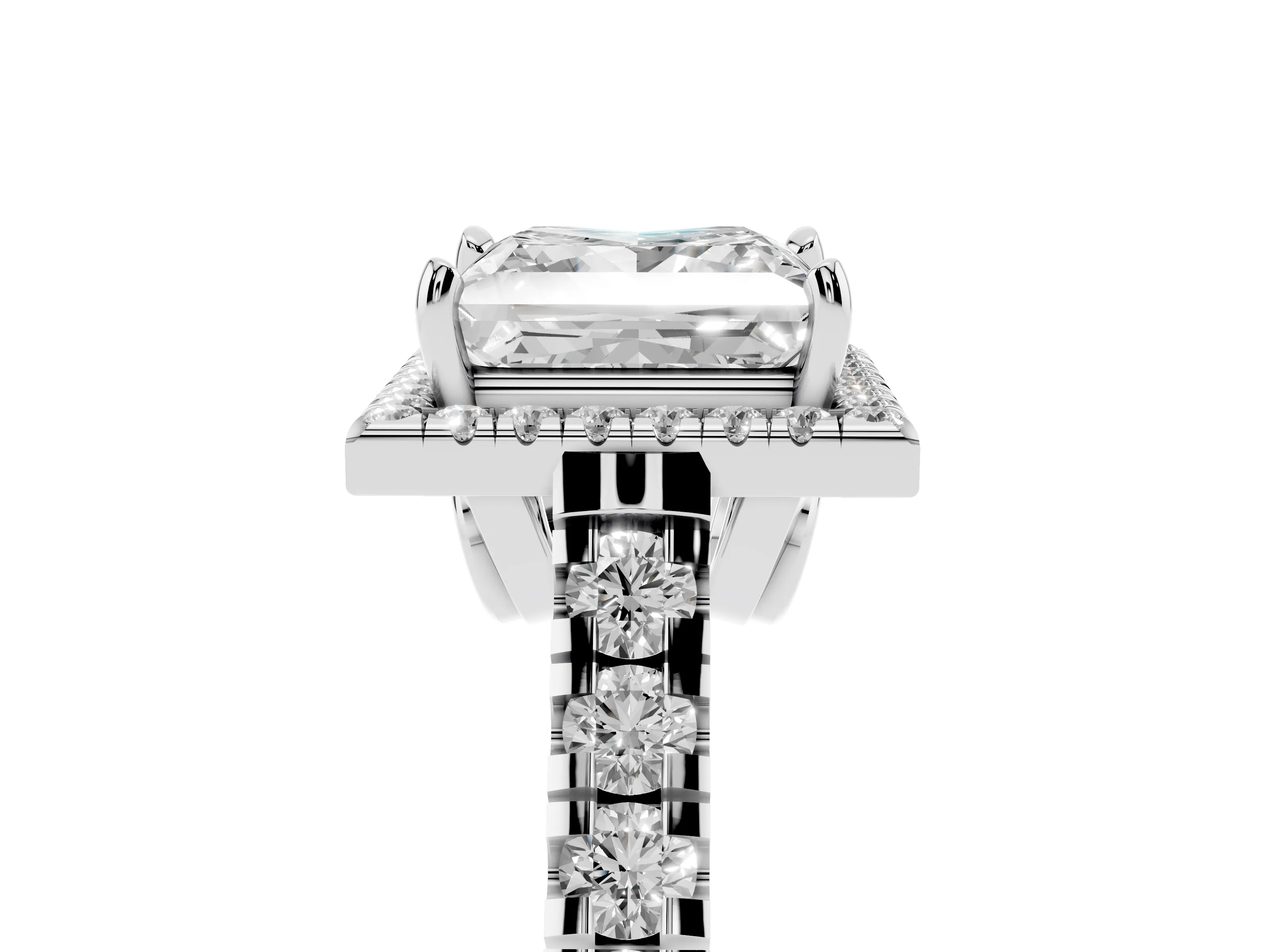 Princess Cut Diamond Halo Engagement Ring Set in White gold with Pavé Band and Prong-Set Center
