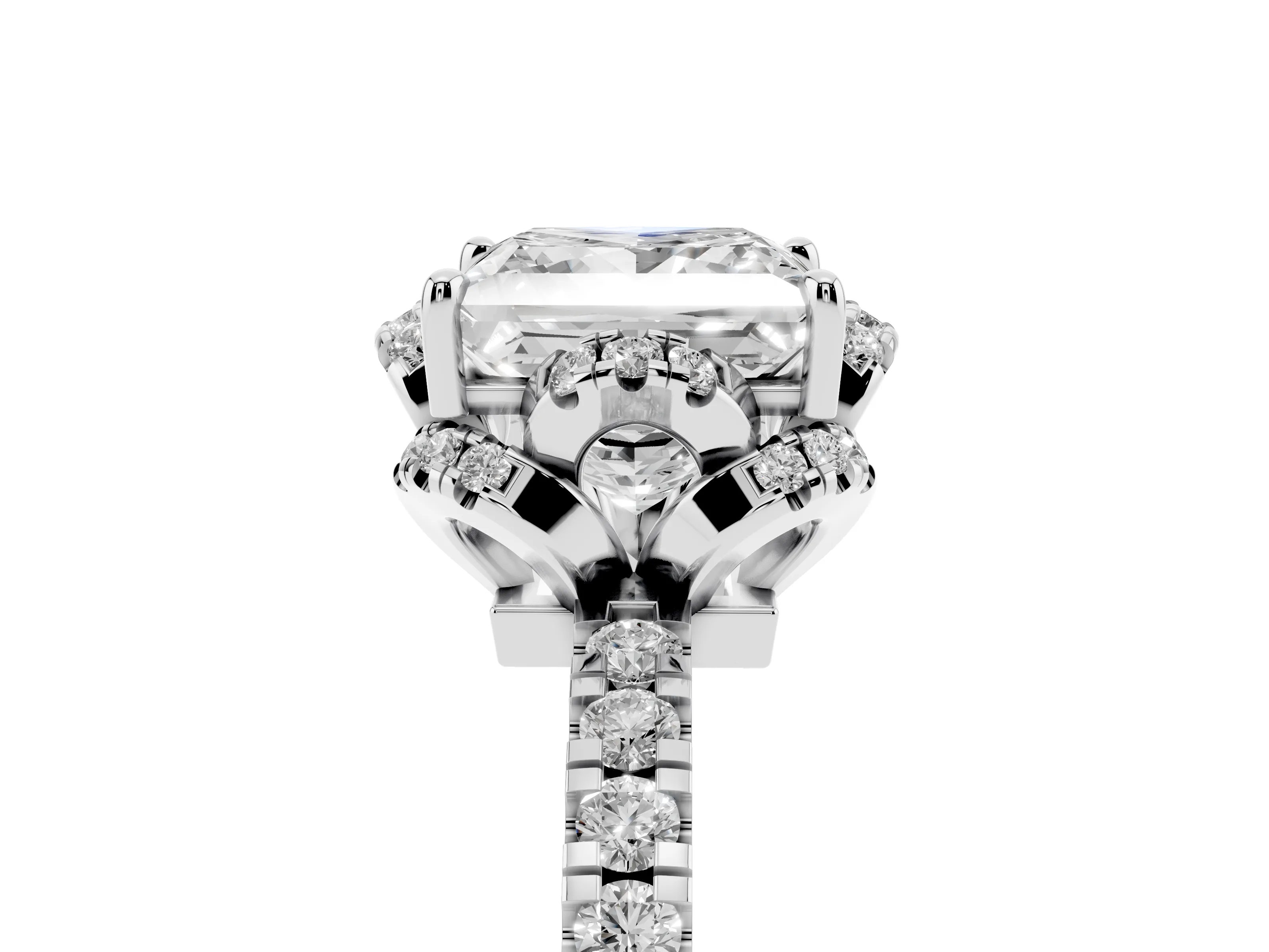 Princess Cut Diamond Halo Pavé Band Ring Set in Silver with Prong-Held Center