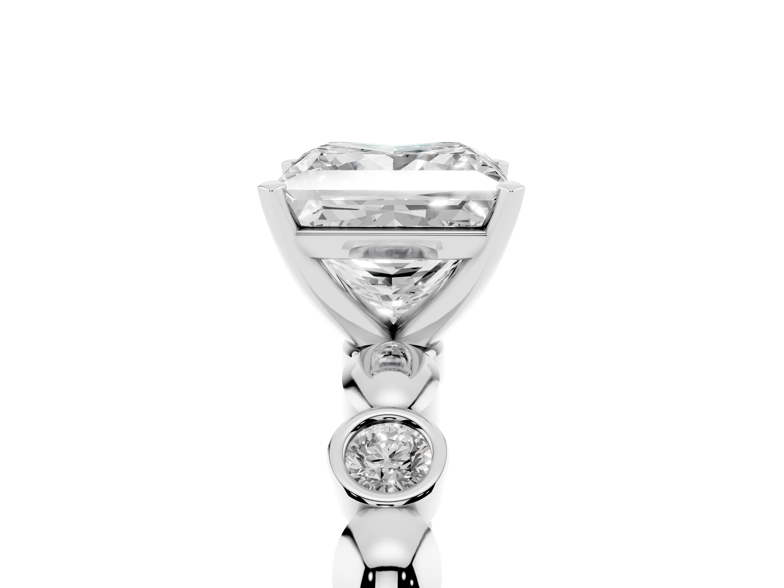 Princess Cut Diamond Solitaire Ring Set in White gold with Bezel-Set Accents on Beaded Band and Prong Setting