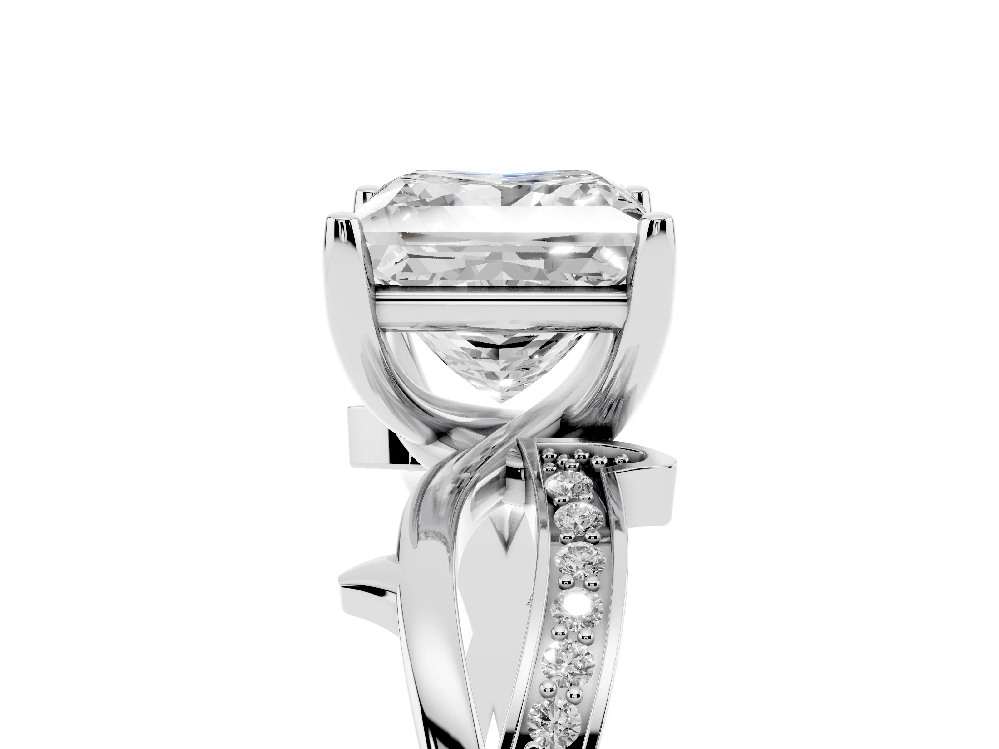 Princess Cut Diamond Pavé Twist Band Solitaire Ring Set in White gold with Prong Setting
