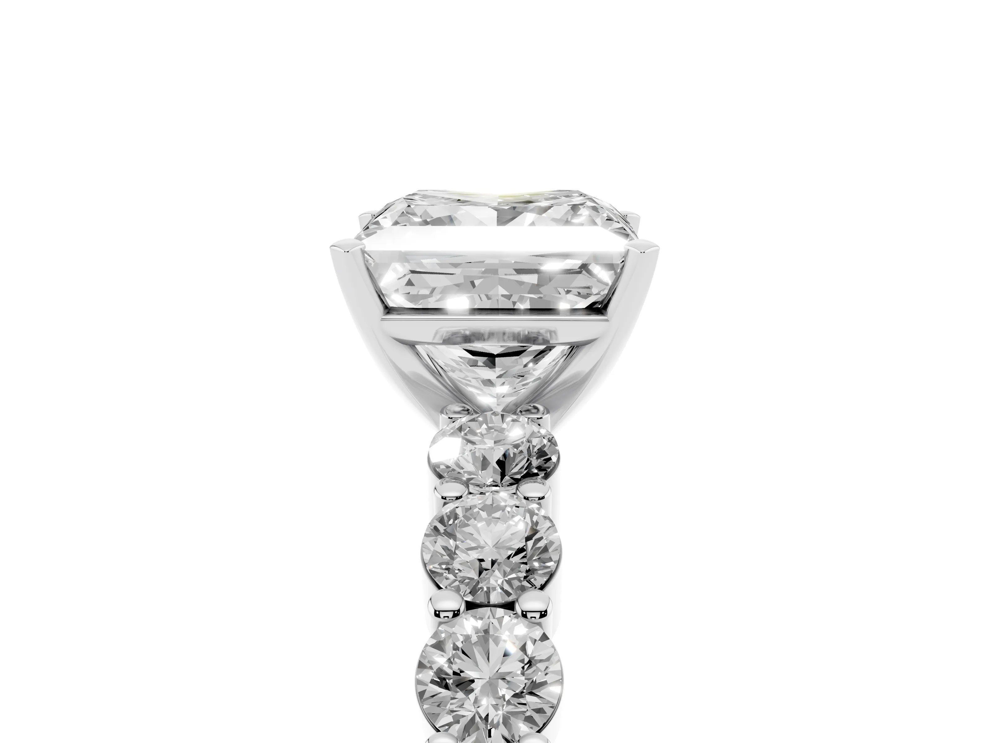 Princess Cut Diamond Solitaire Ring Set in Silver with Shared Prong Round Side Stones