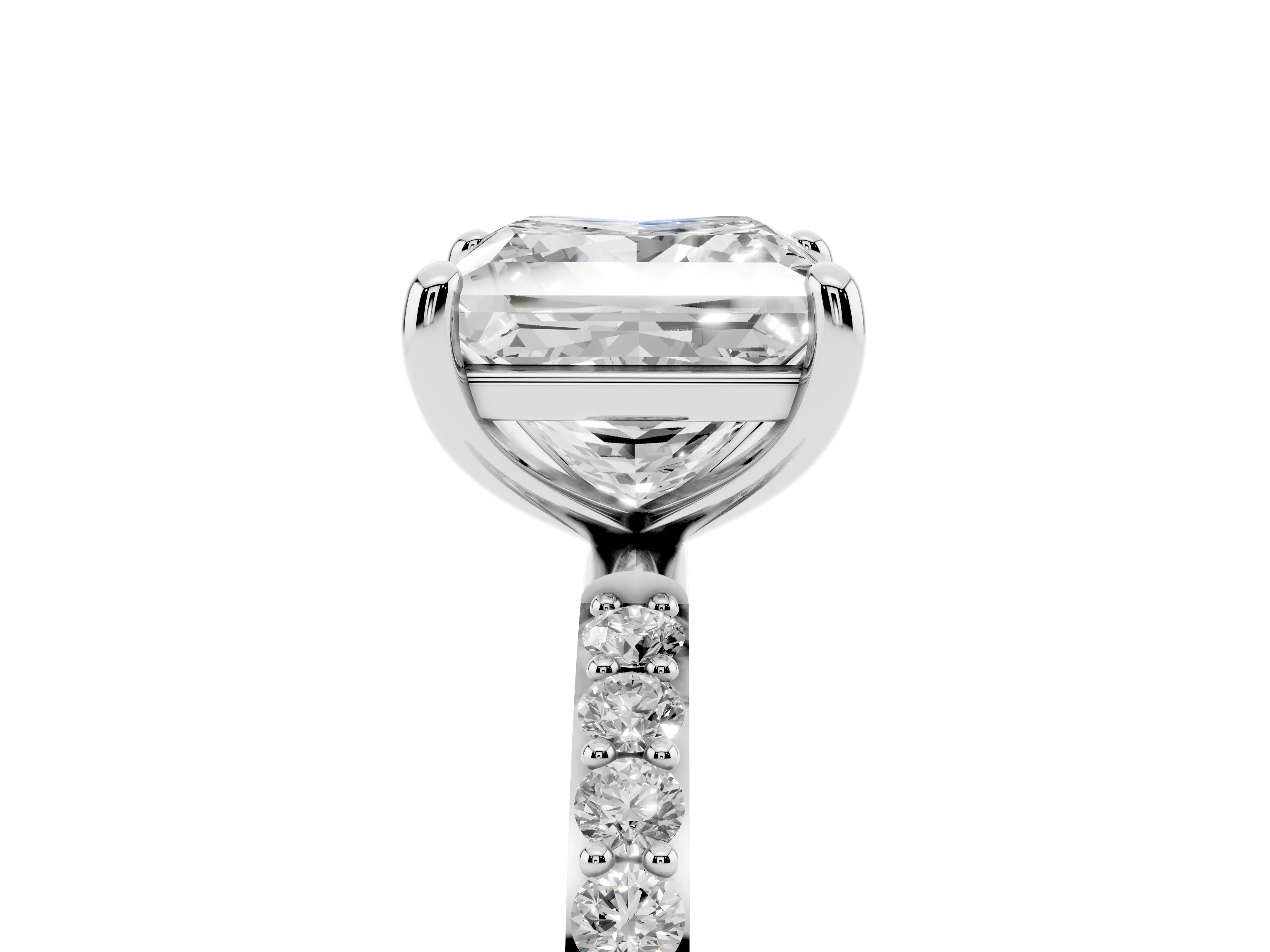 Princess Cut Diamond Solitaire Ring Set in White gold with Round Pavé Band and Prong Setting
