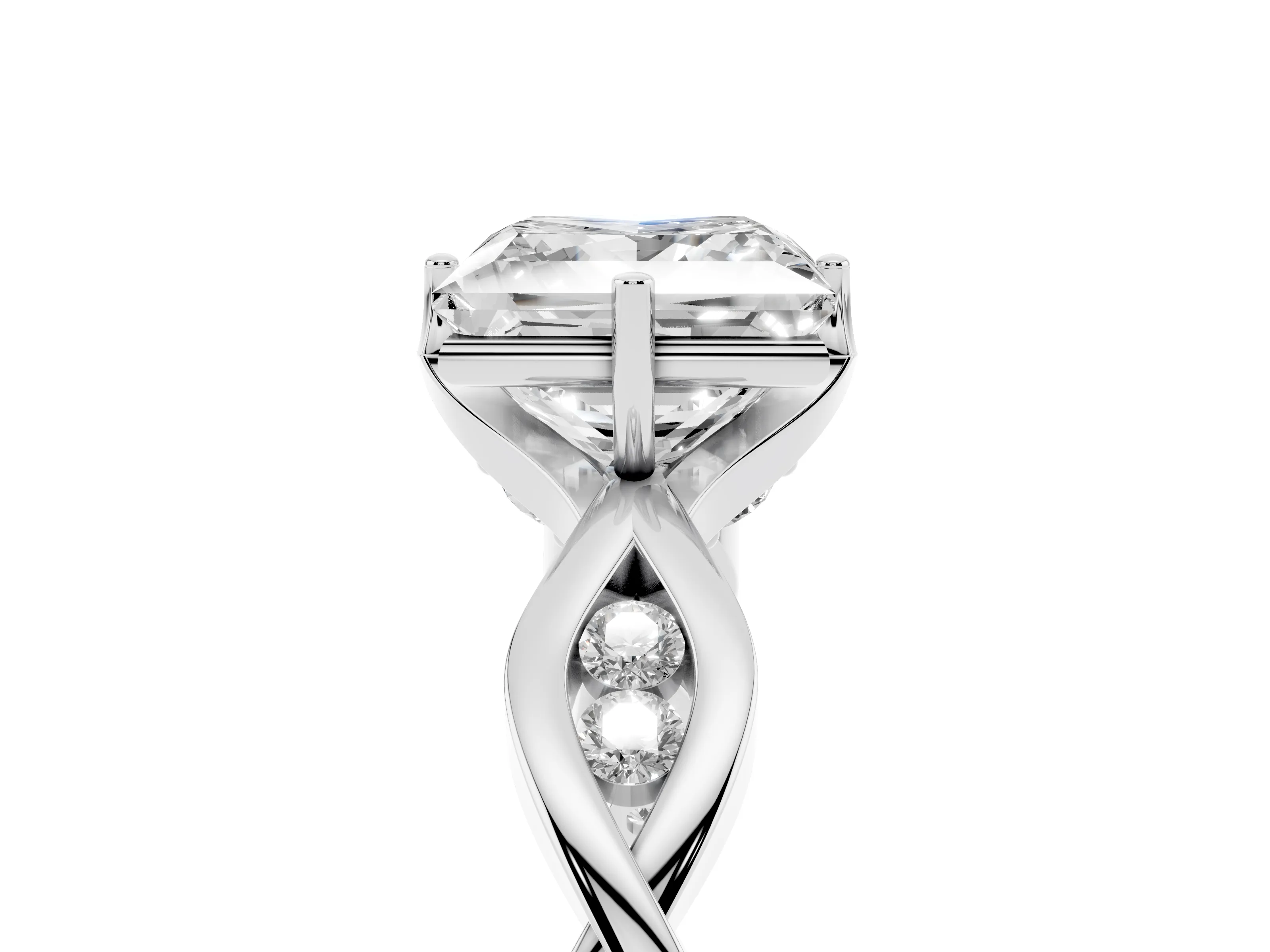 Princess Cut Diamond Twist Band Solitaire Ring Set in Platinum with Leaf Prong Setting and Accent Stones
