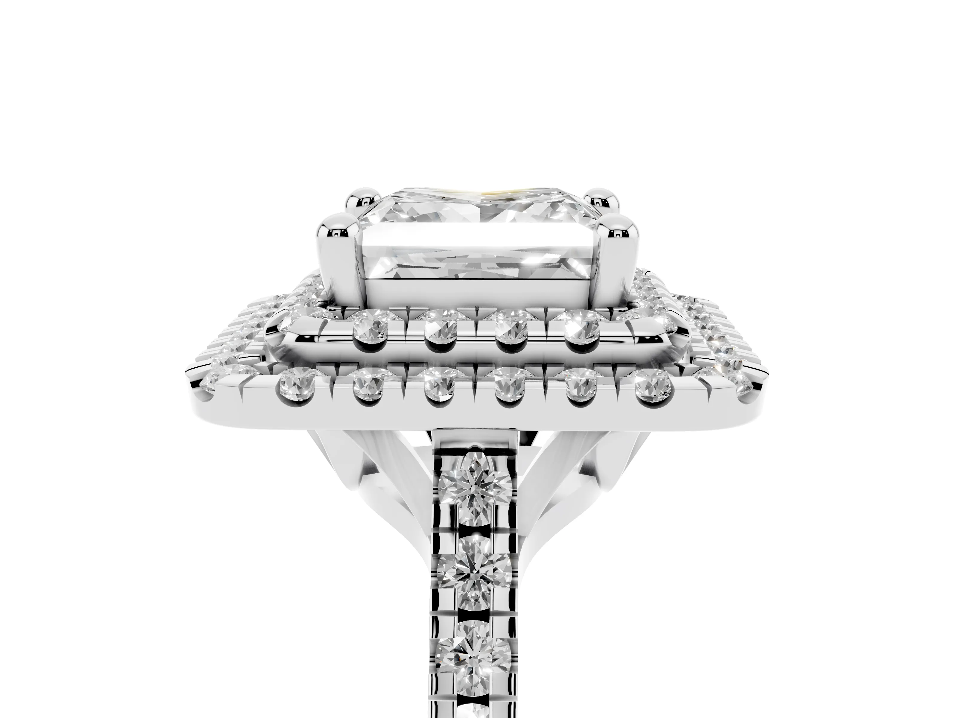 Princess Cut Diamond Double Halo Statement Ring Set in White gold with Pavé Band