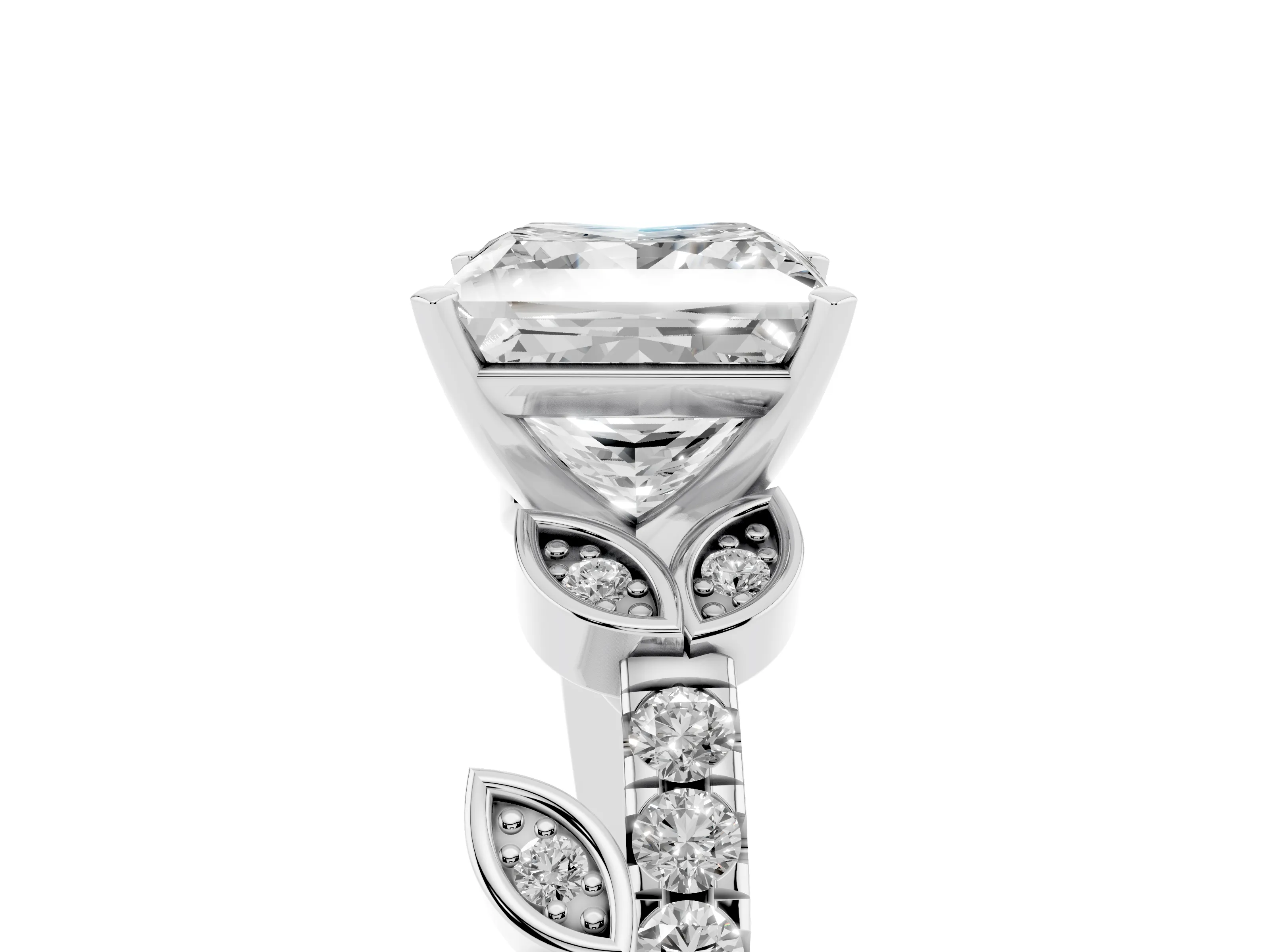 Princess Cut Diamond Solitaire Leaf-Inspired Ring Set in Platinum with Pavé Band and Prong Setting