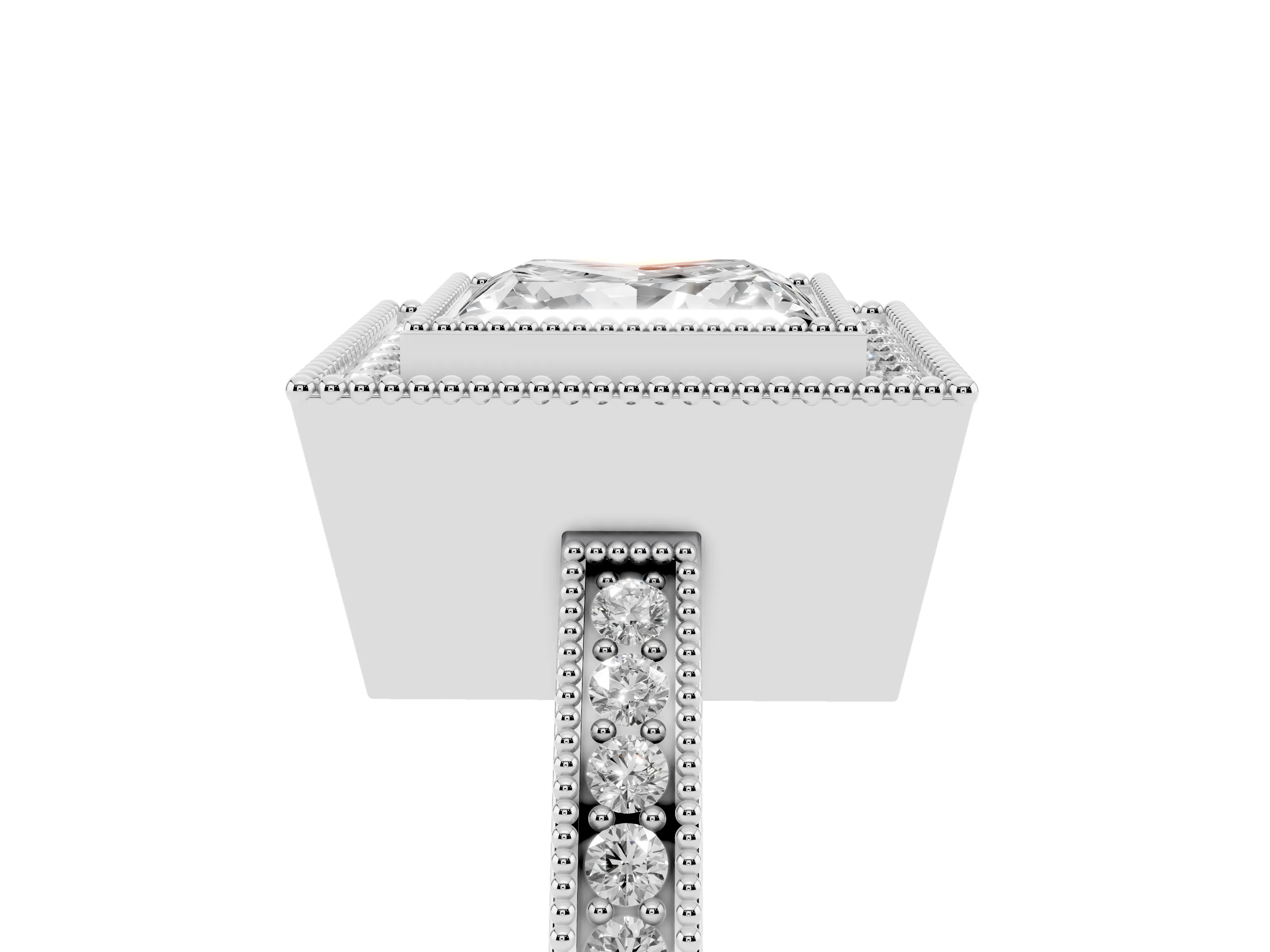 Princess Cut Diamond Halo Ring Set in Platinum with Pavé Band and Milgrain-Edged Prongs