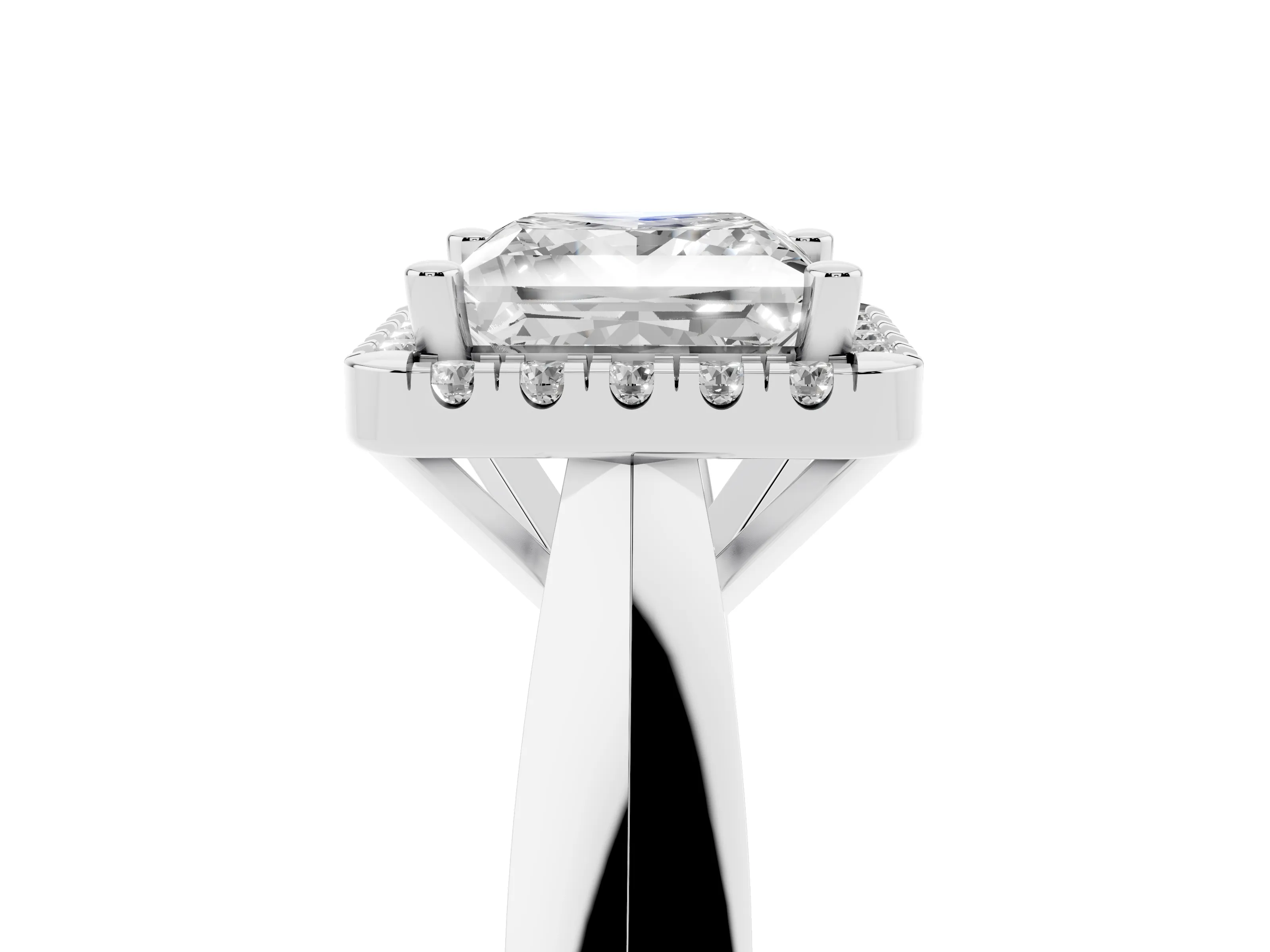 Princess Cut Diamond Halo Solitaire Engagement Ring Set in White gold with Square Band and Prong Setting