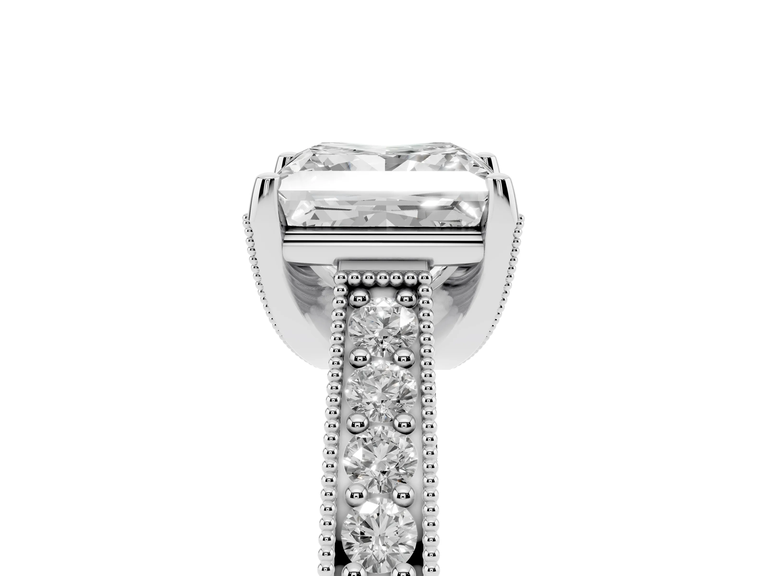 Princess Cut Diamond Solitaire Ring Set in Silver with Milgrain-Edged Pavé Band and Prong Setting