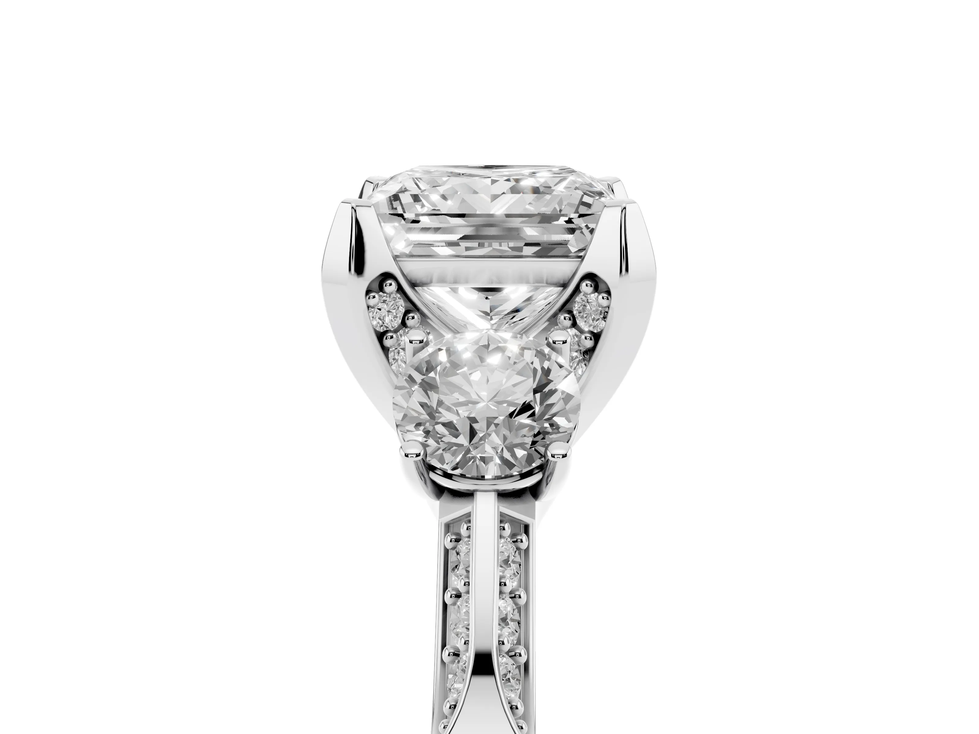 Princess Cut Diamond Three-Stone Ring Set in Silver with Pavé Band and Smaller Side Stones
