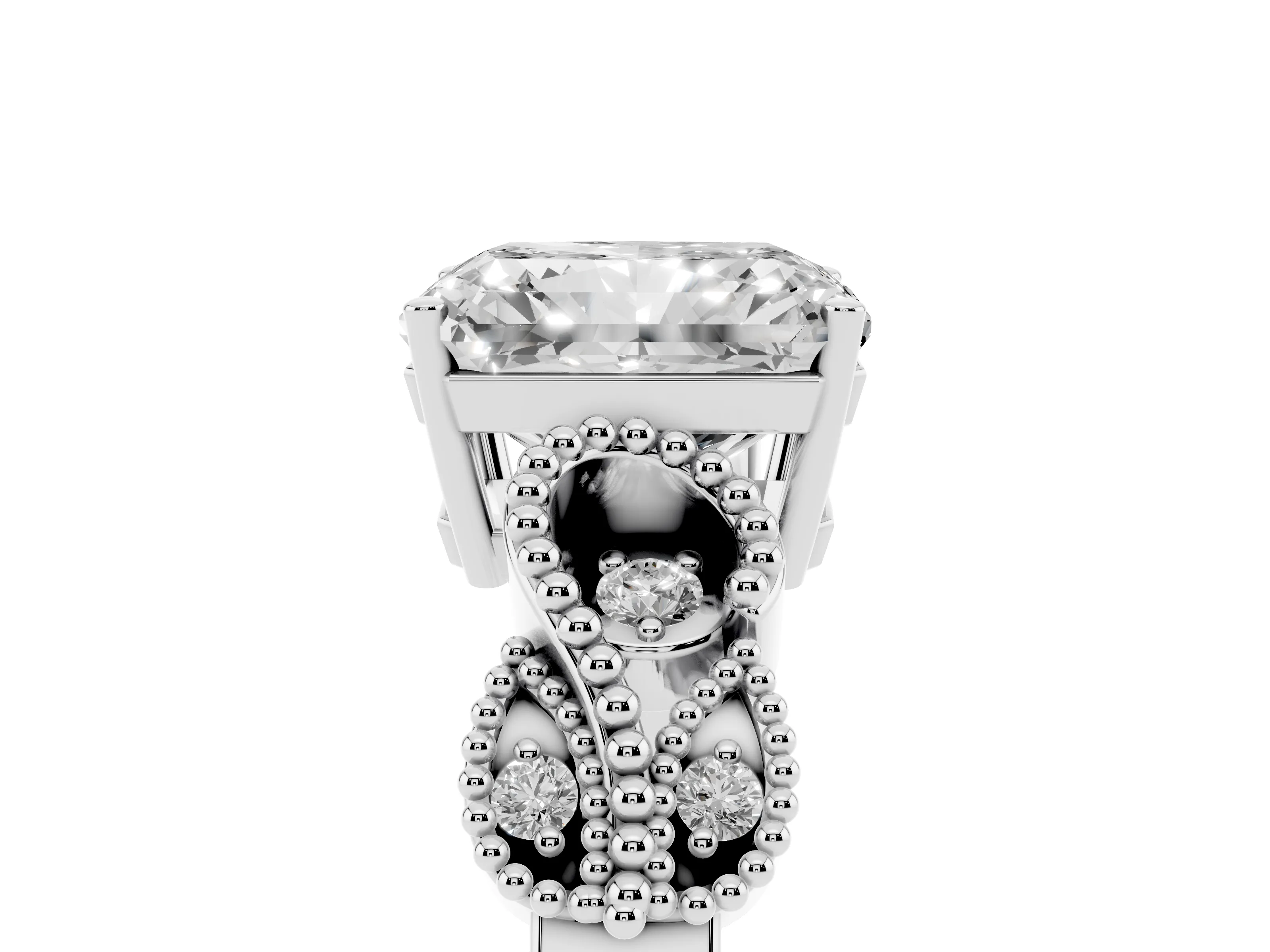 Princess Cut Diamond Milgrain Leaf Band Solitaire Ring Set in White gold with Accent Stones and Prong Setting