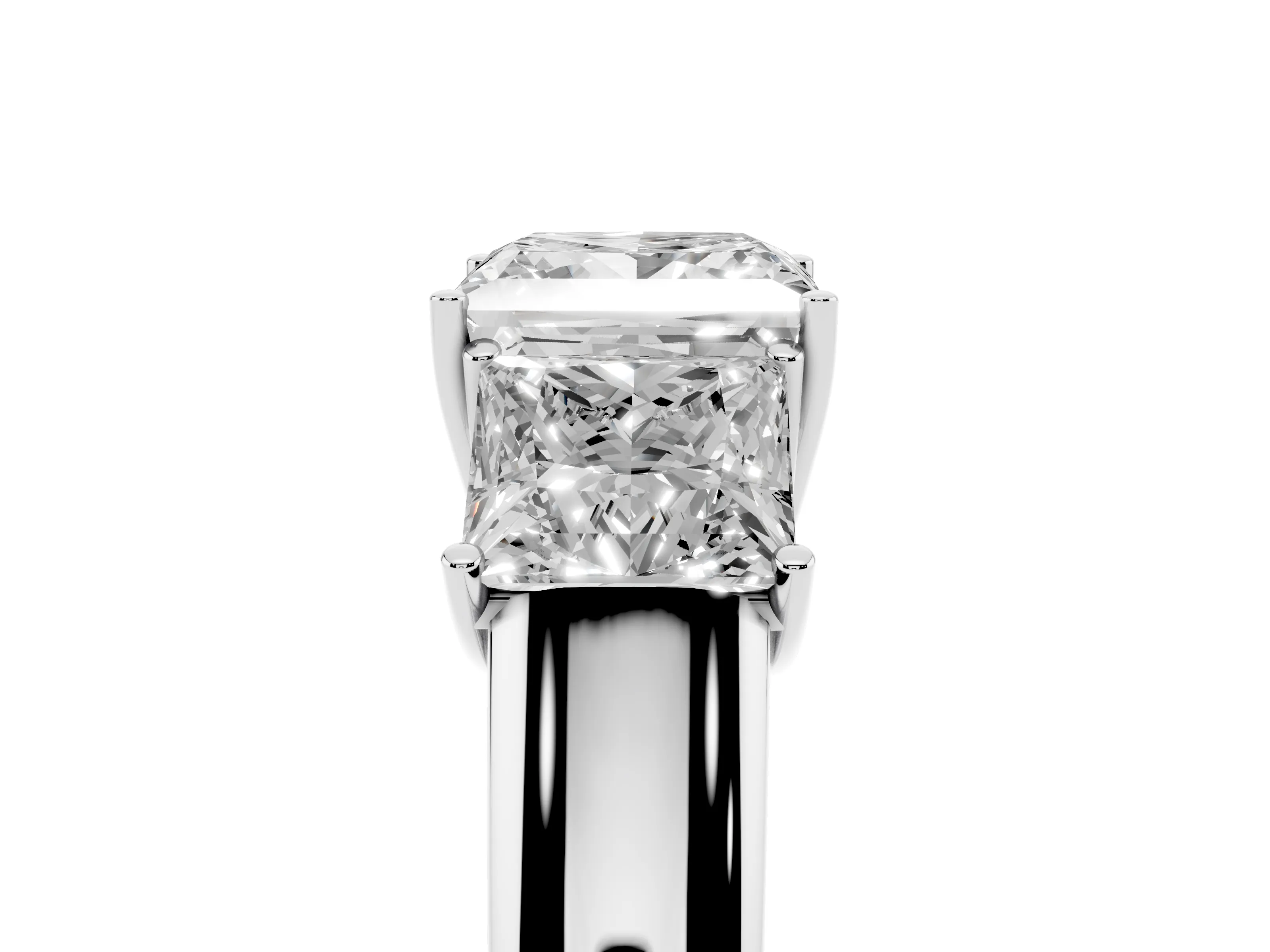 Three-Stone Princess Cut Diamond Ring Set in White gold with Matching Prong Settings and Plain Band