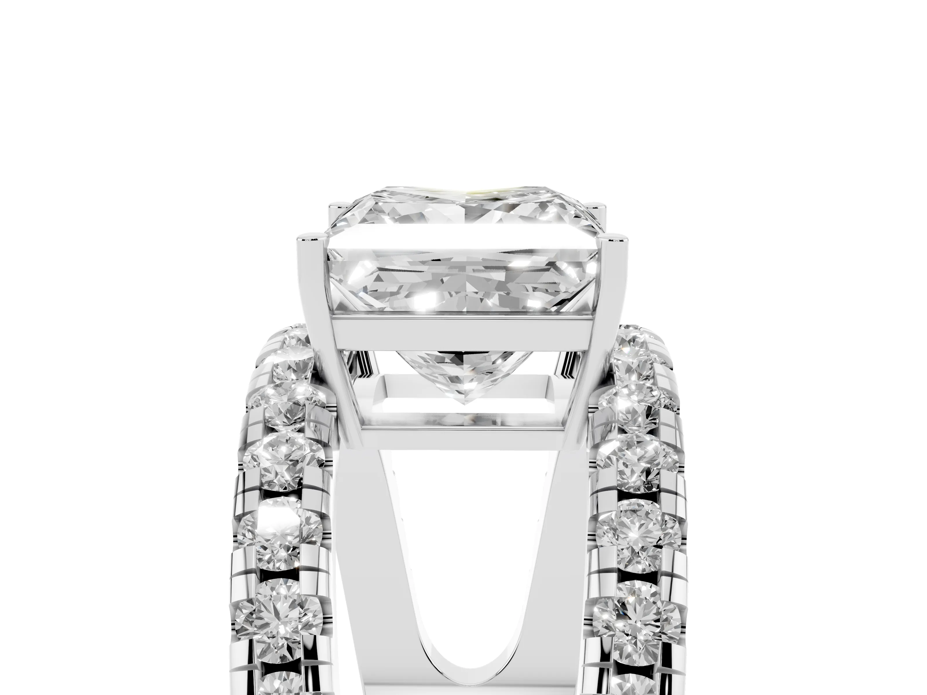 Princess Cut Diamond Split Shank Pavé Solitaire Ring Set in White gold with Open Shank Design