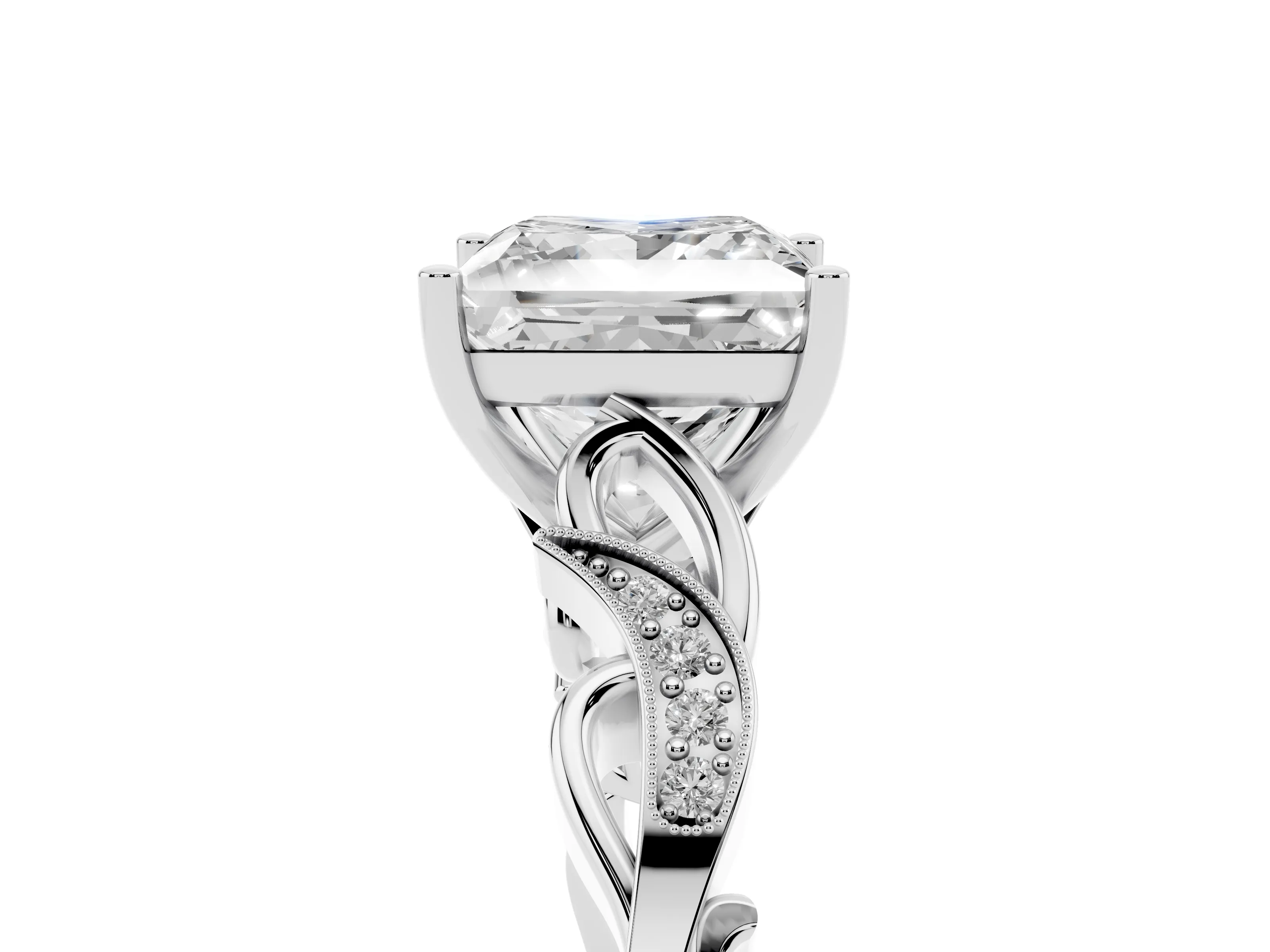 Princess Cut Diamond Vine Band Solitaire Ring Set in Silver with Milgrain Prong Setting