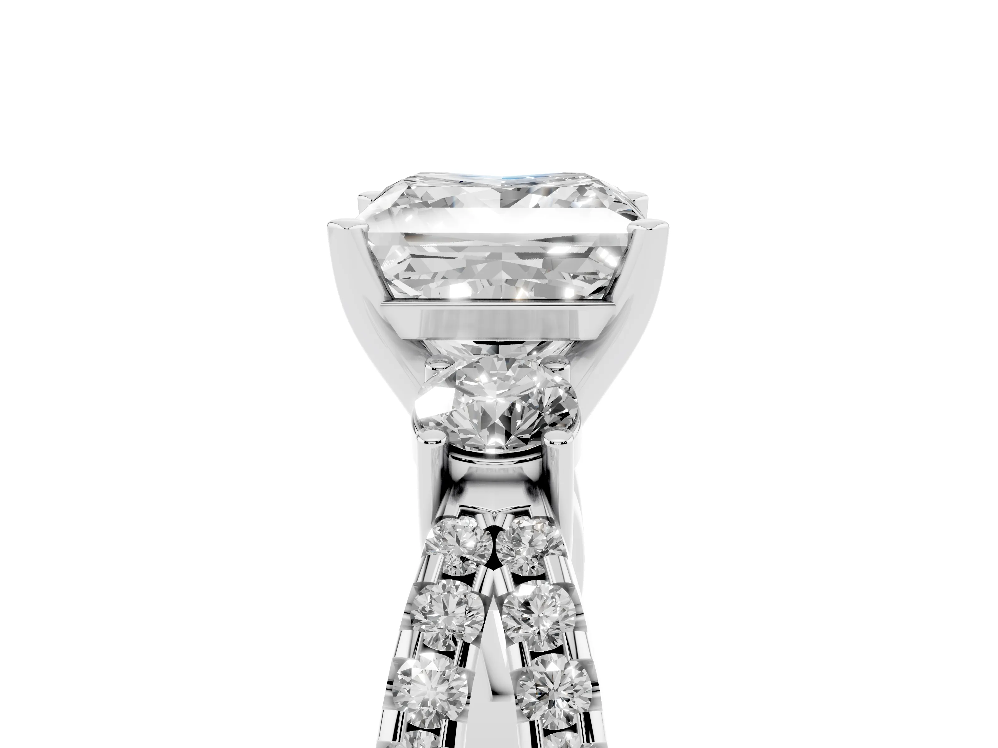 Princess Cut Diamond Three-Stone Ring Set in Silver with Pavé Split Shank and Prong Setting