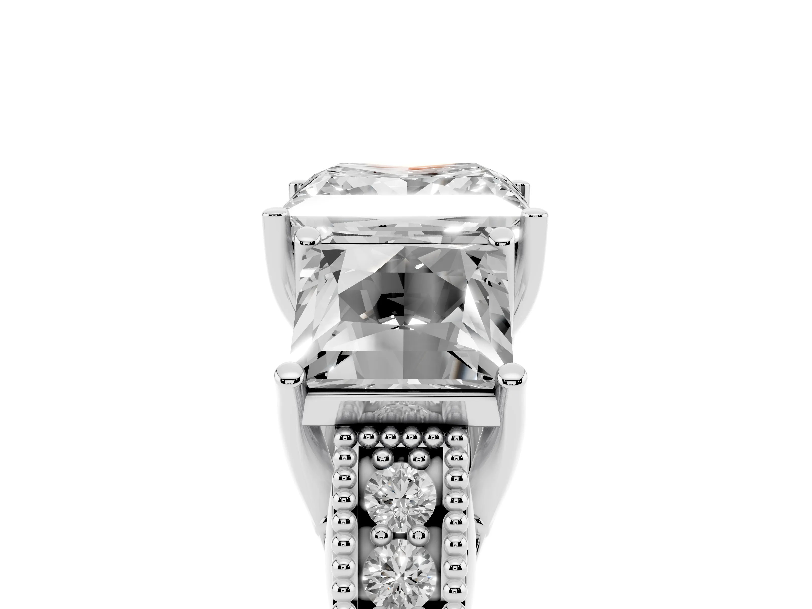 Princess Cut Diamond Three-Stone Engagement Ring Set in Platinum with Milgrain Pavé Band