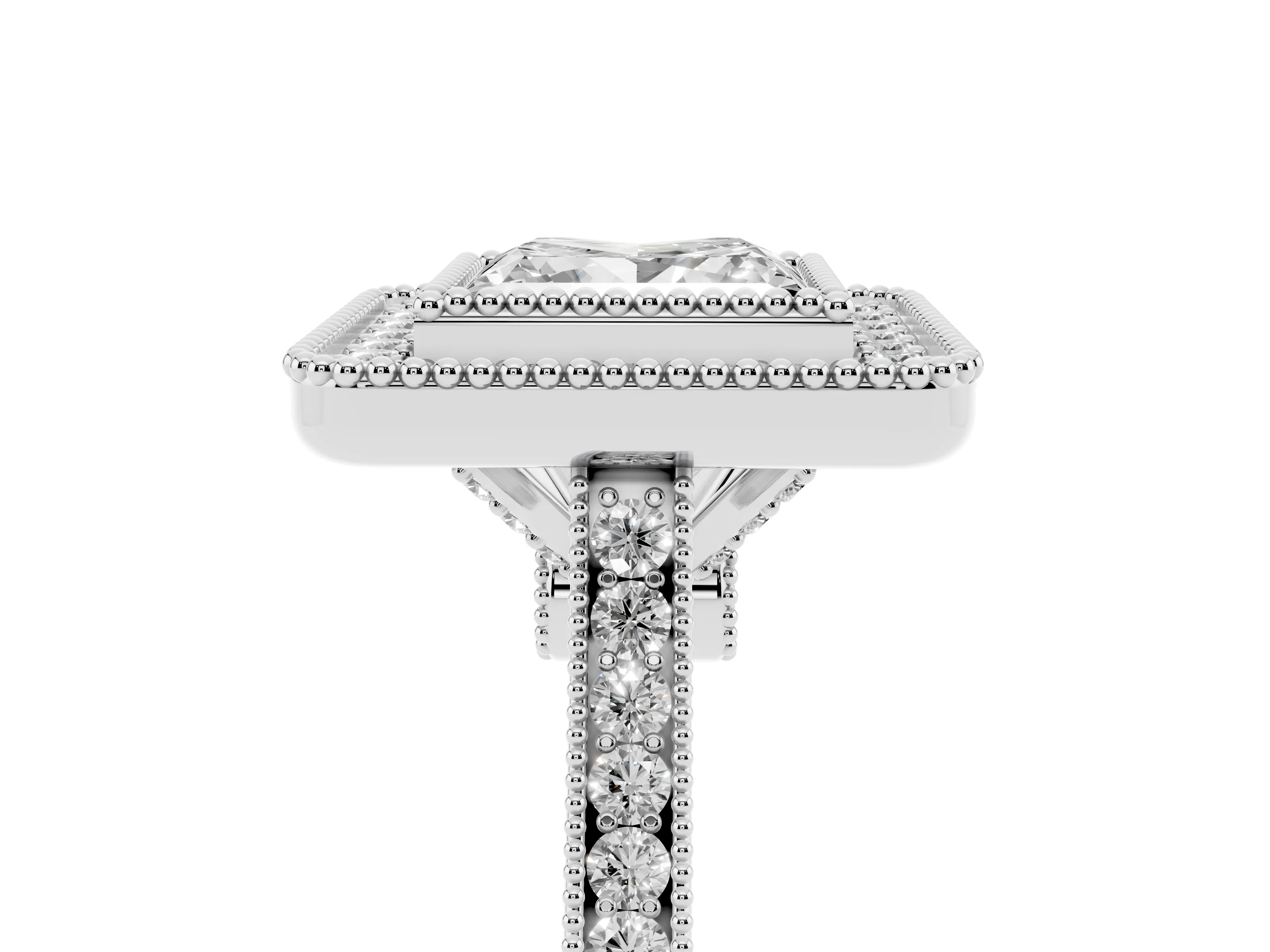 Princess Cut Diamond Halo Ring Set in White gold with Milgrain Frame and Pavé Band