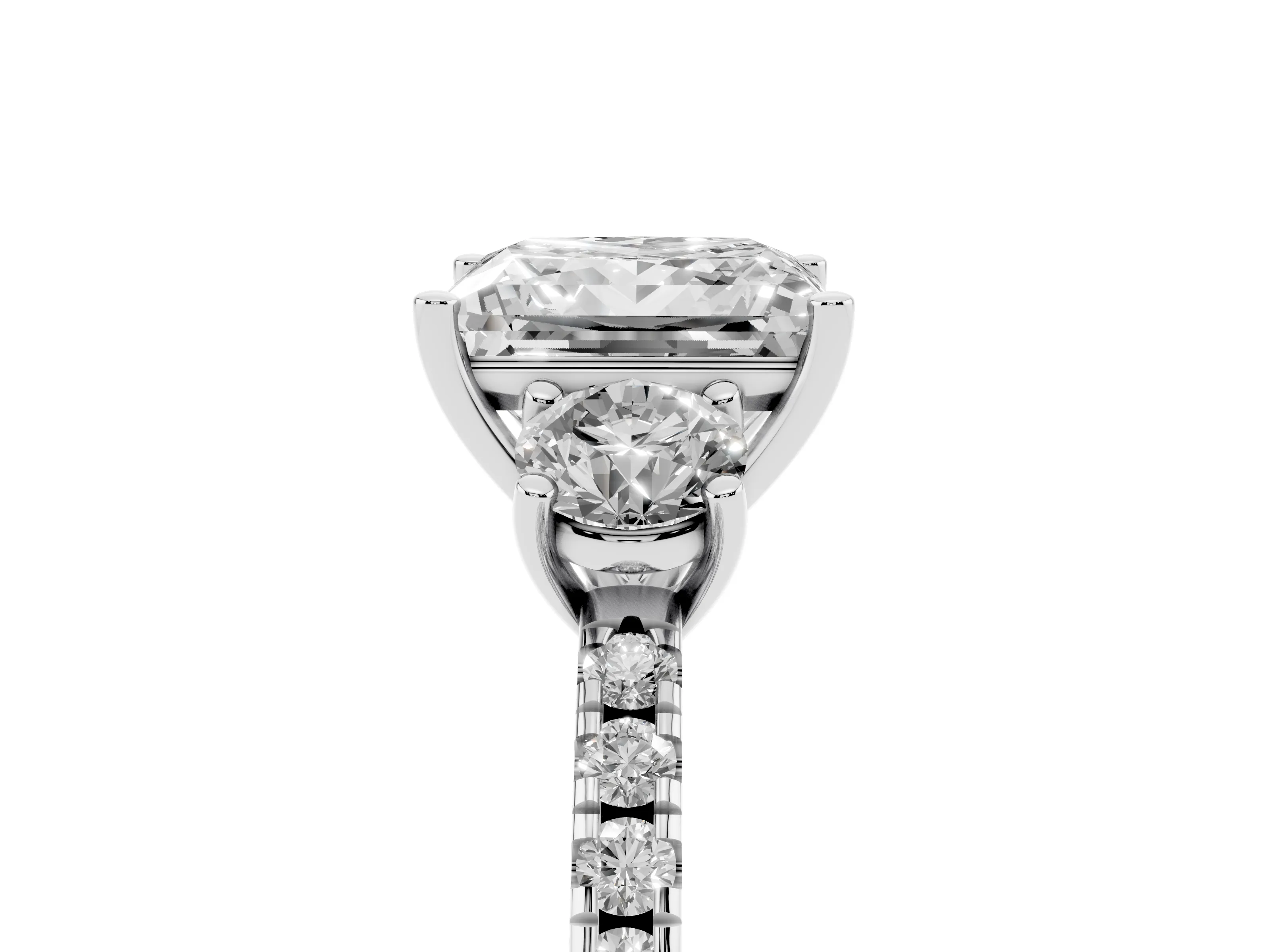 Princess Cut Diamond Three-Stone Ring Set in Silver with Pavé Band and Graduated Sides