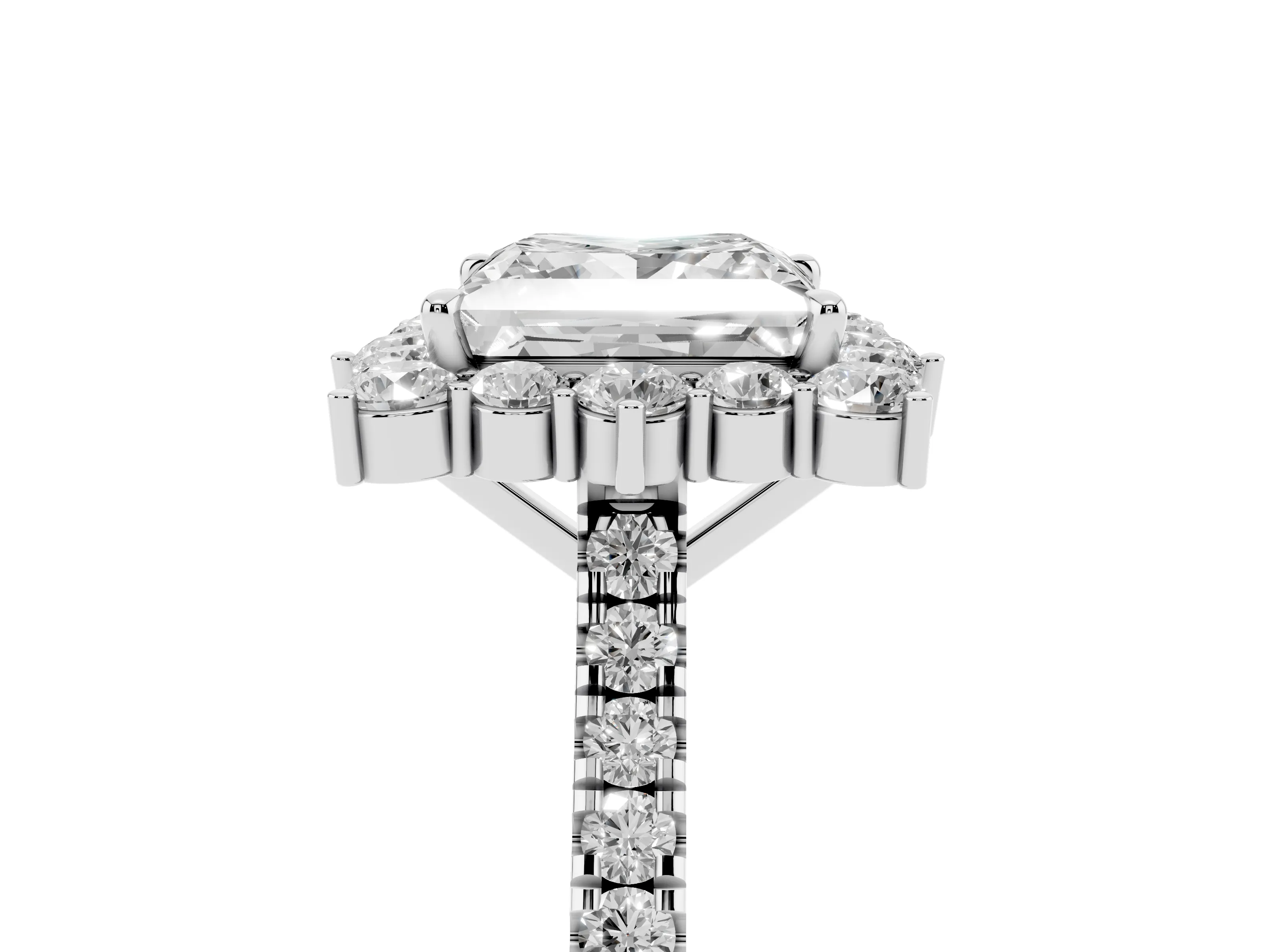 Princess Cut Diamond Halo Ring Set in White gold with Pavé Band and Prong Setting