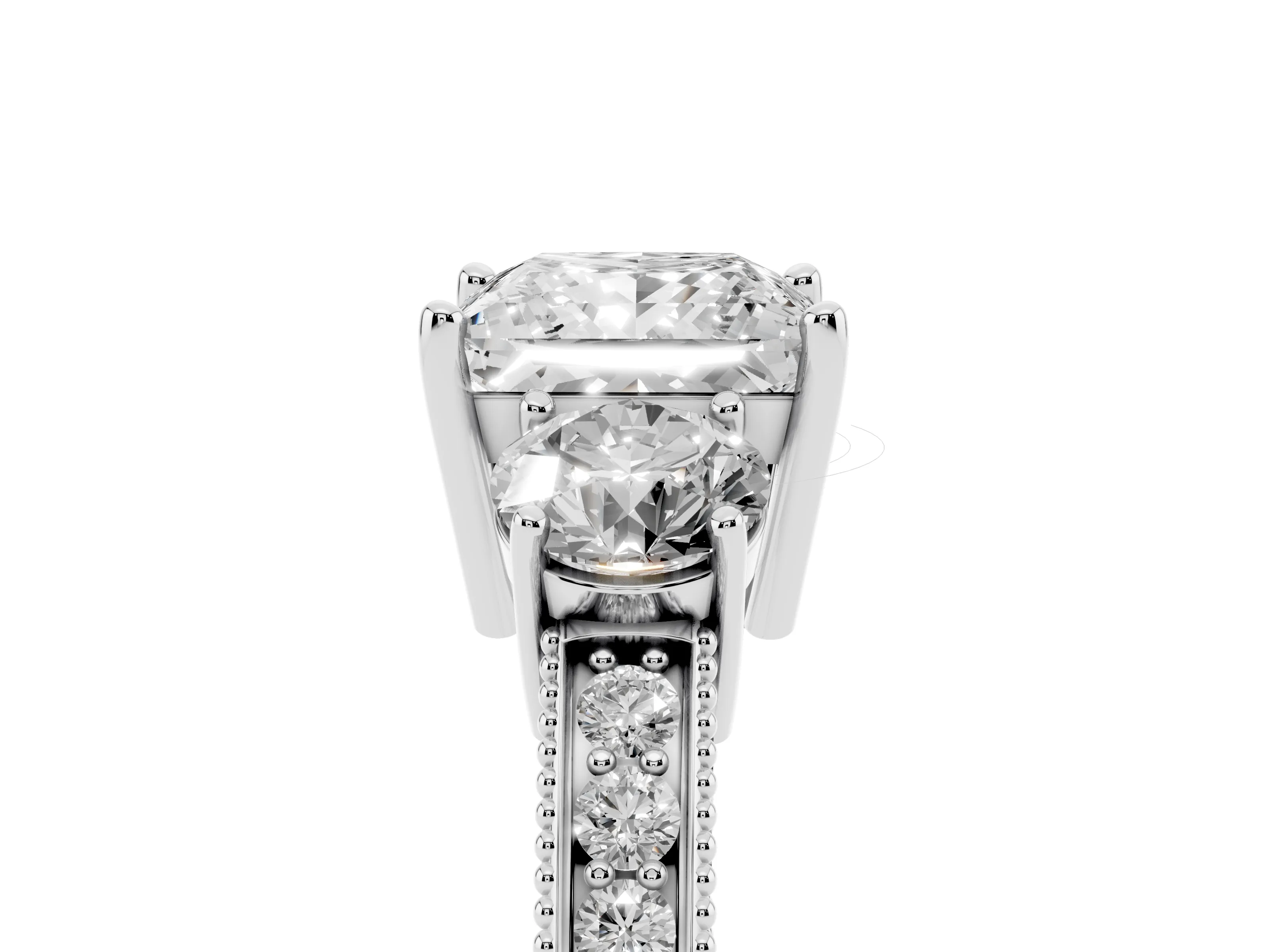 Princess Cut Diamond Three-Stone Ring Set in White gold with Round Side Stones and Pavé Band
