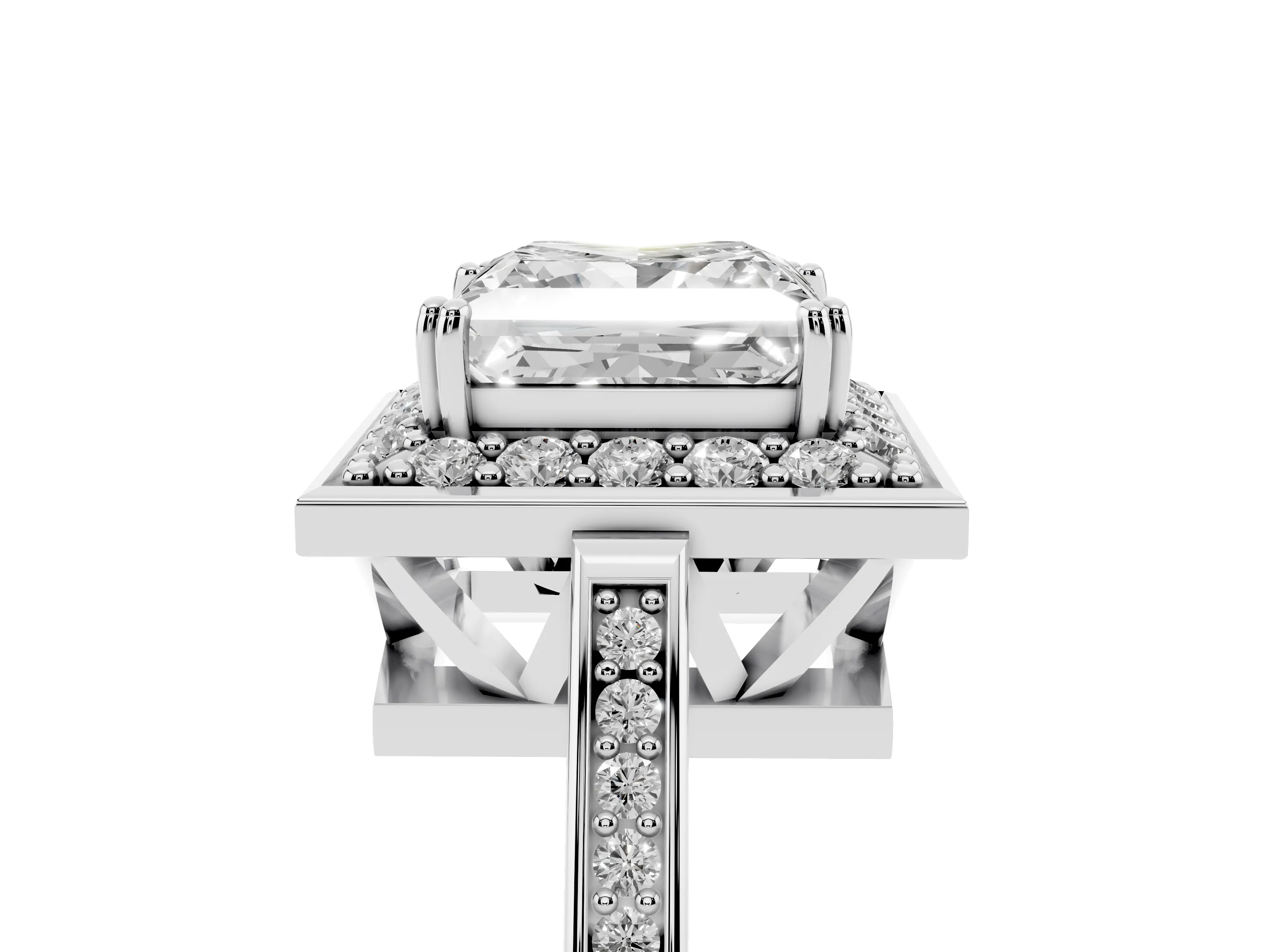 Princess Cut Diamond Halo Ring Set in White gold with Accent-Lined Split Shank and Prong Setting